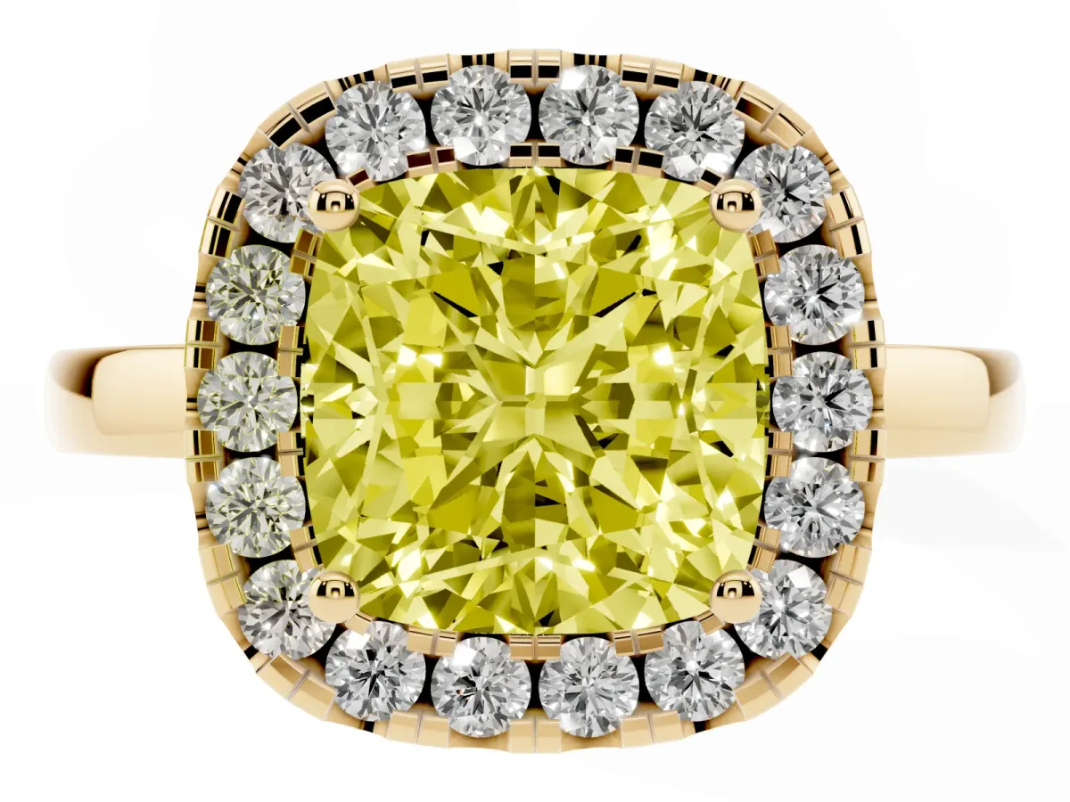 Fancy Yellow Cushion Cut Halo Diamond Solitaire with Pavé Band and Four-Prong Setting Yellow gold