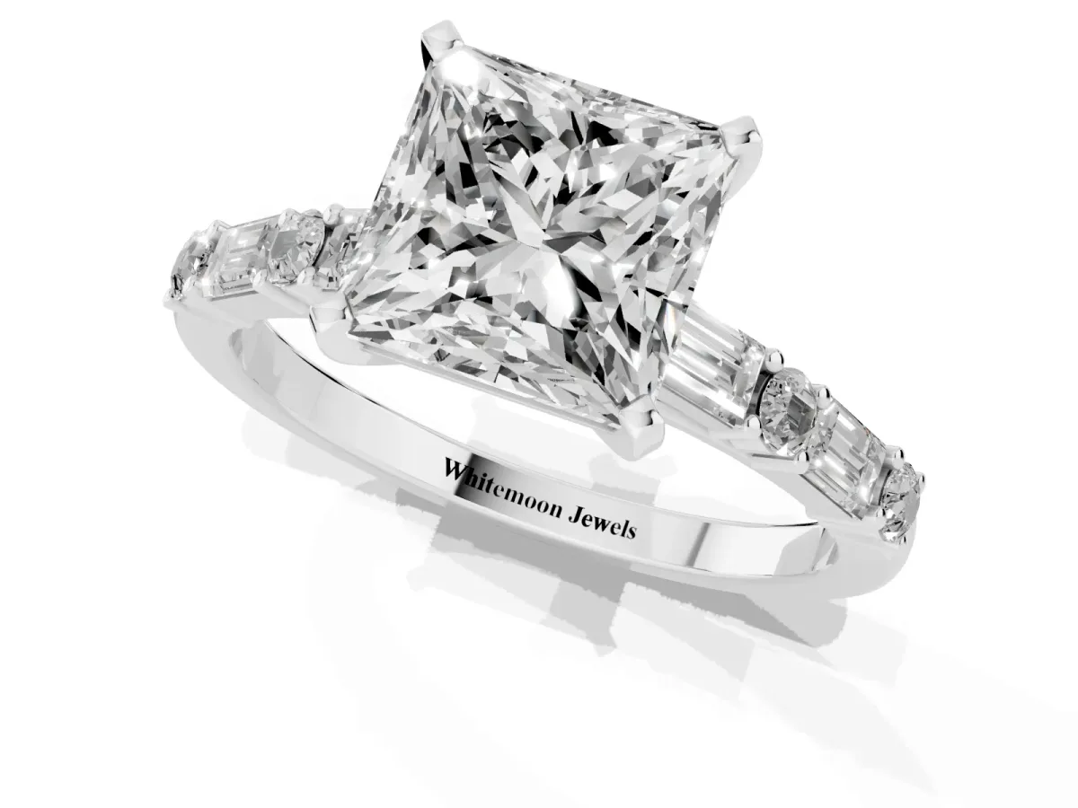 Princess Cut Diamond Solitaire with Side Baguettes and Channel Set Band Silver