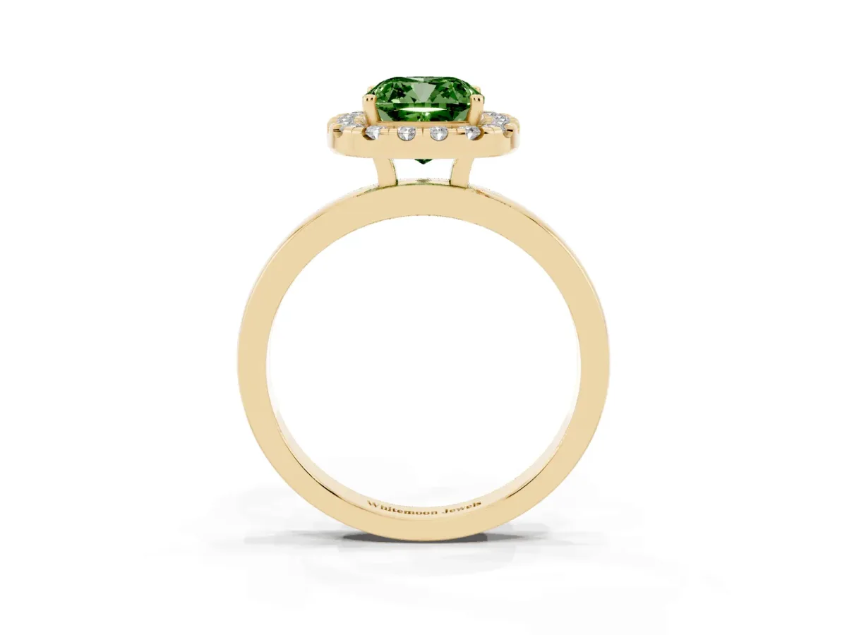 Fancy Green Cushion Cut Halo Diamond Solitaire with Pavé Band and Four-Prong Setting Yellow gold