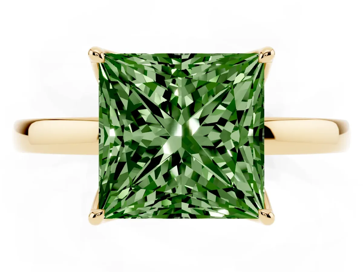 Fancy Green Princess Cut Diamond Solitaire Ring with Thin Band and Prong Setting Yellow gold