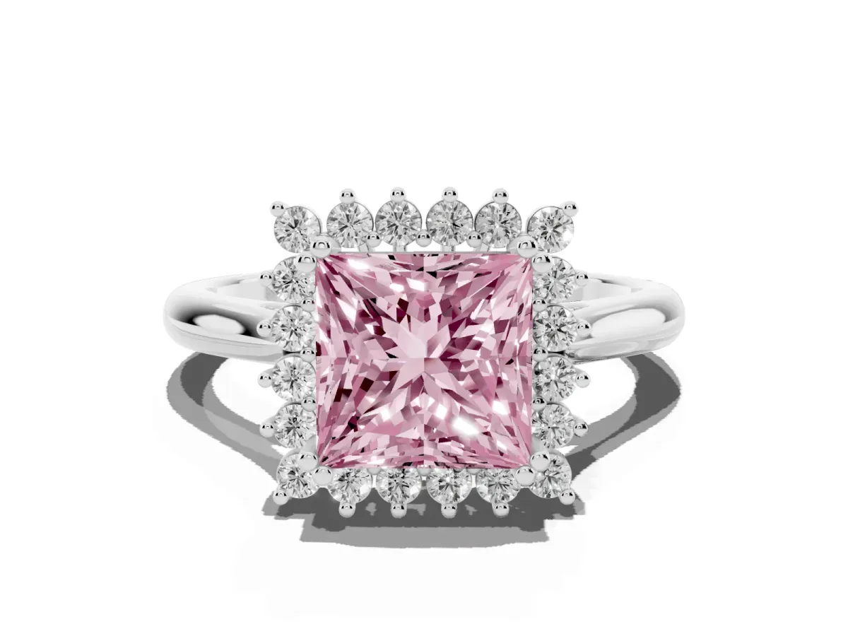 Fancy Pink Princess Cut Cut Diamond Halo Ring with Solitaire Band and Prong Setting Silver