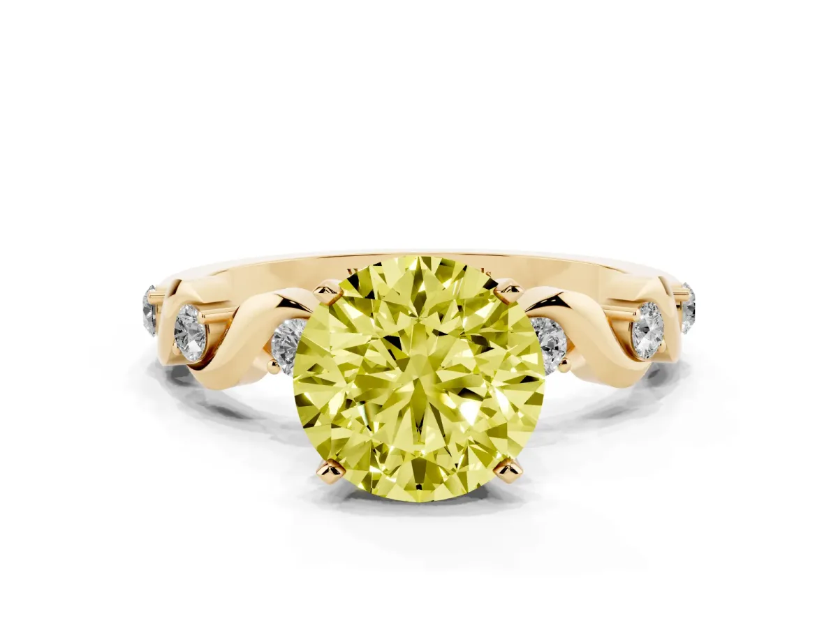 Fancy Yellow Round Cut Diamond Solitaire Twisted Band with Round Accents and Prong Setting Yellow gold