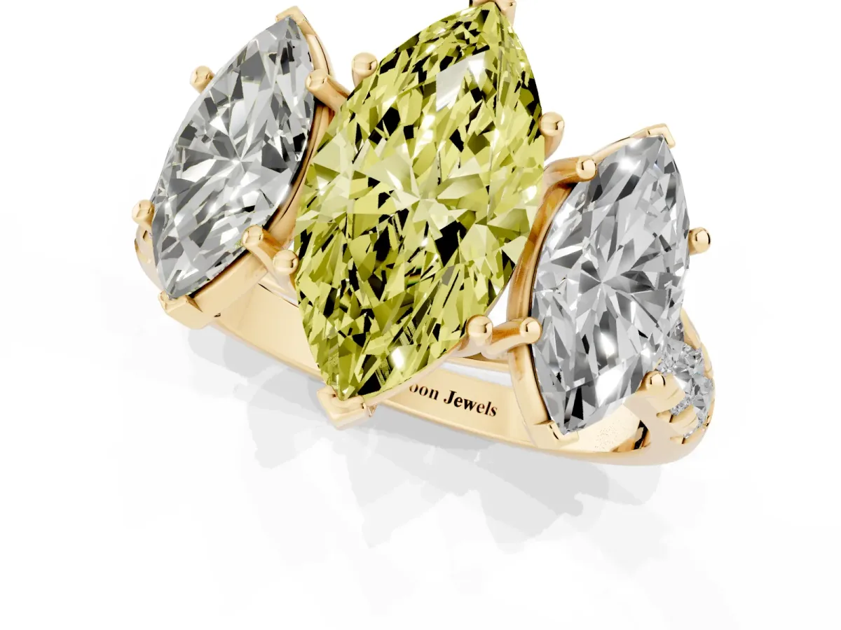 Fancy Yellow Three-Stone Marquise Cut Diamond Pavé Band with Prong Setting Yellow gold