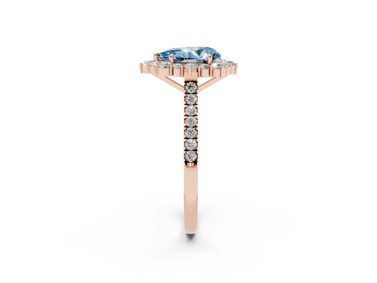 Fancy Blue Pear Cut Halo Diamond Ring with Pavé Band and Prong Setting Rose gold