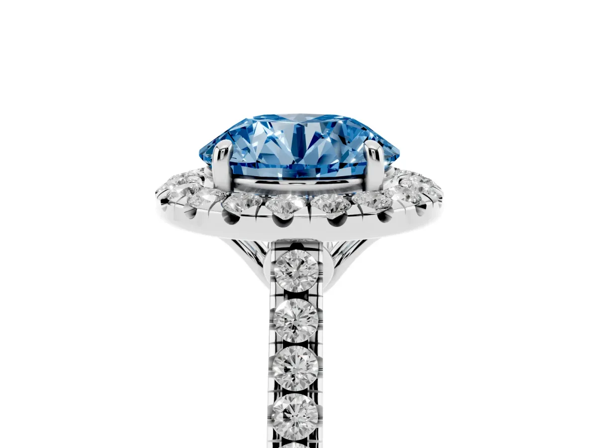 Fancy Blue Round Cut Halo Pavé Diamond Engagement Ring with Four-Prong Setting Silver