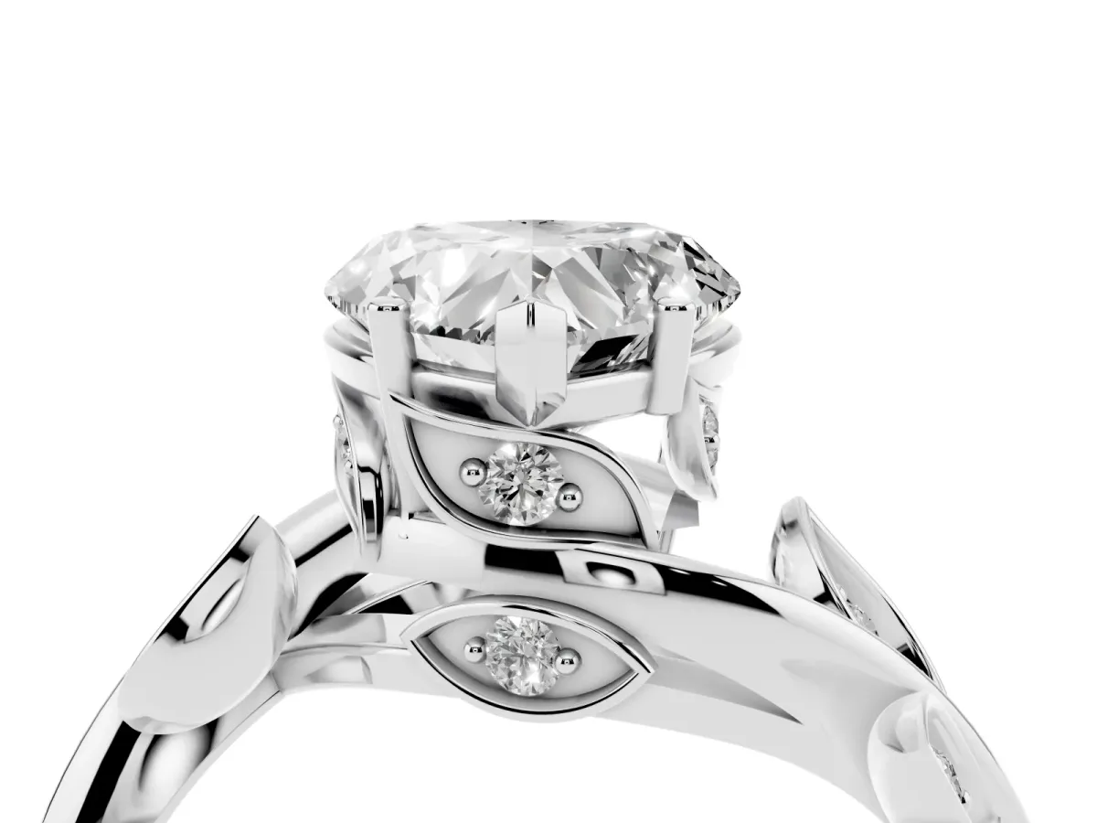 Heart Cut Solitaire Twist Engagement Ring with Leaf Accents and Prong Setting Silver