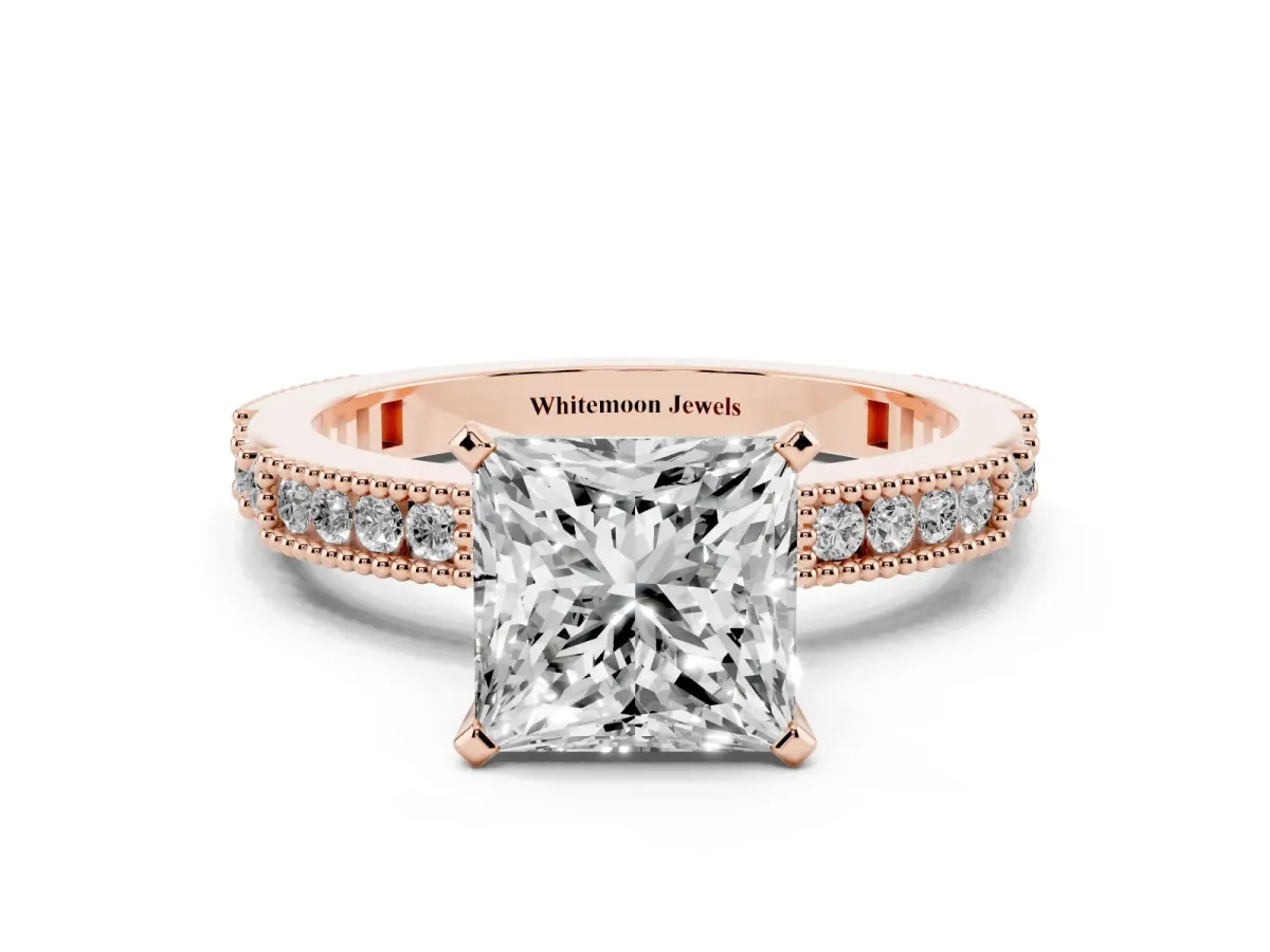 Princess Cut Solitaire with Pavé Band and Four-Prong Setting Rose gold