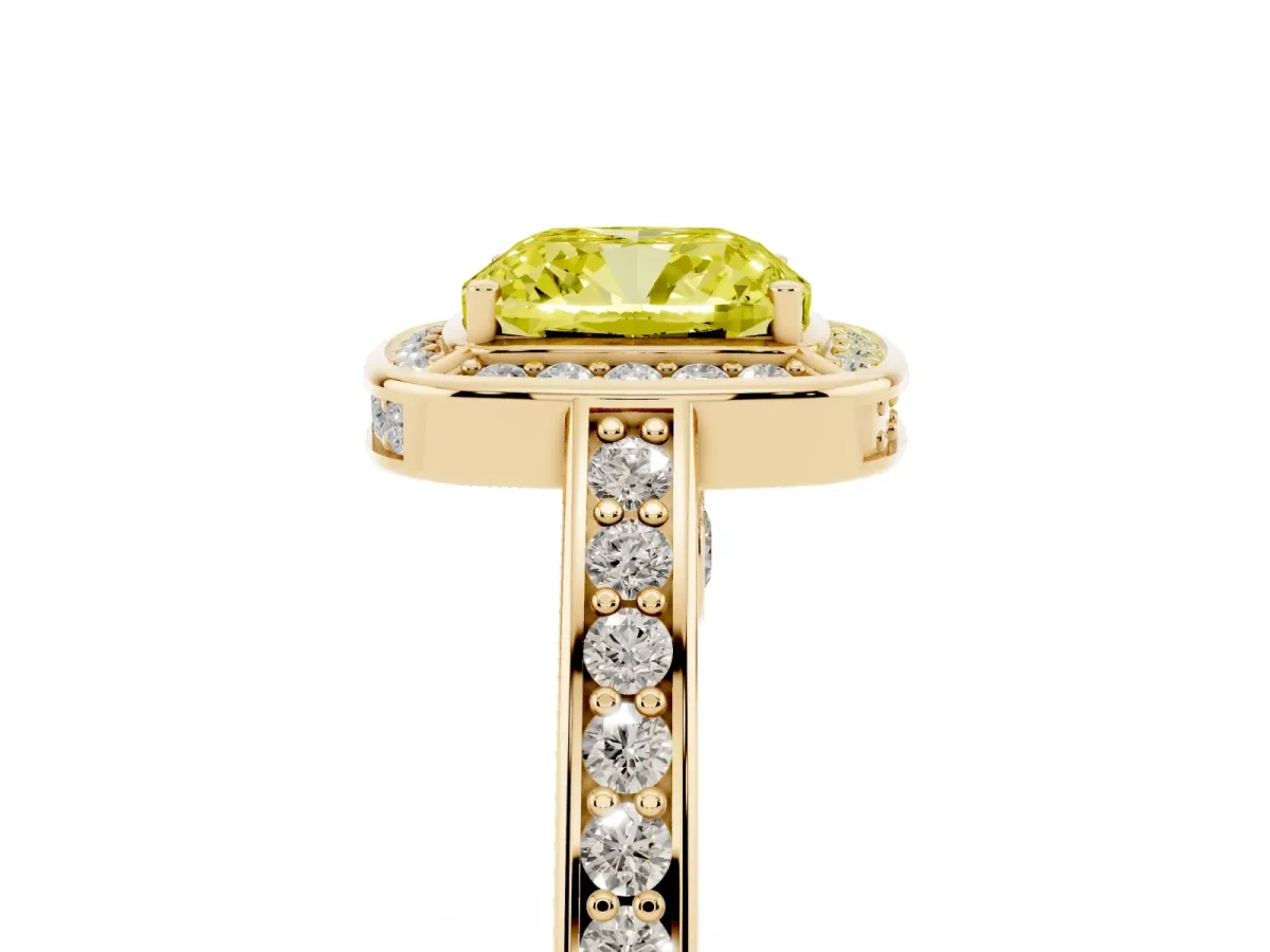Fancy Yellow Cushion Cut Cut Halo Pave Split Shank Prong Setting Ring Yellow gold