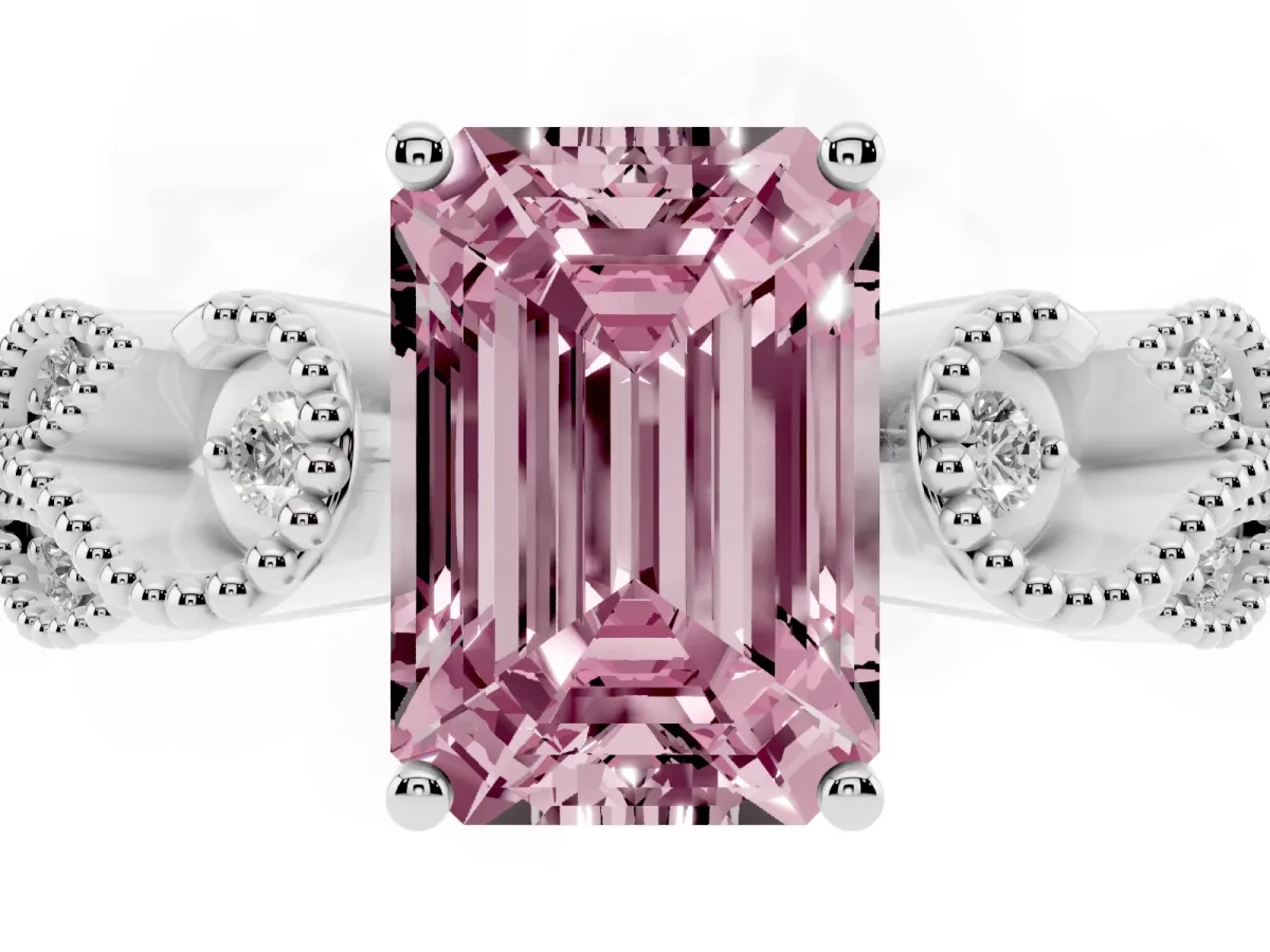 Fancy Pink Emerald Cut Solitaire Milgrain Leaf Band with Prong Setting Silver