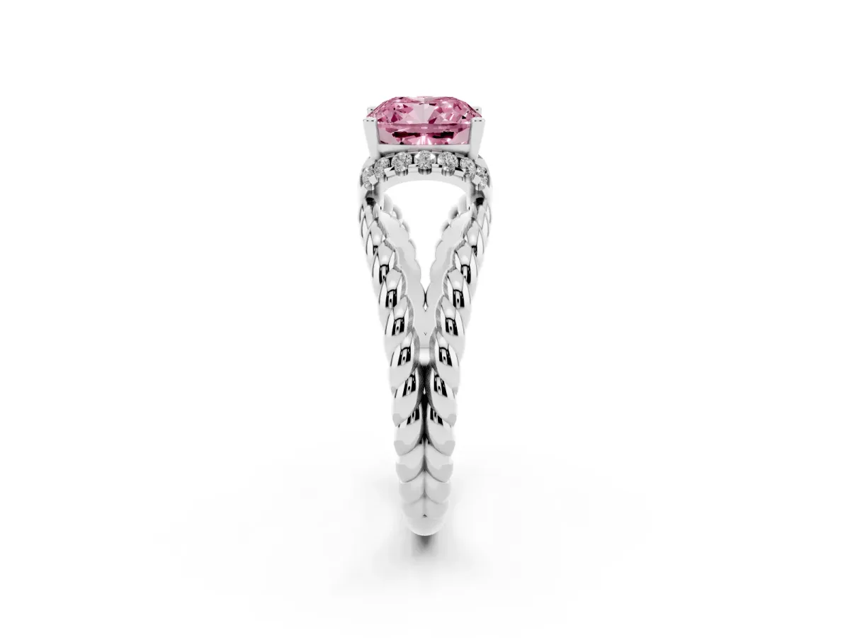 Fancy Pink Cushion Cut Halo Twisted Band Four-Prong Ring Silver