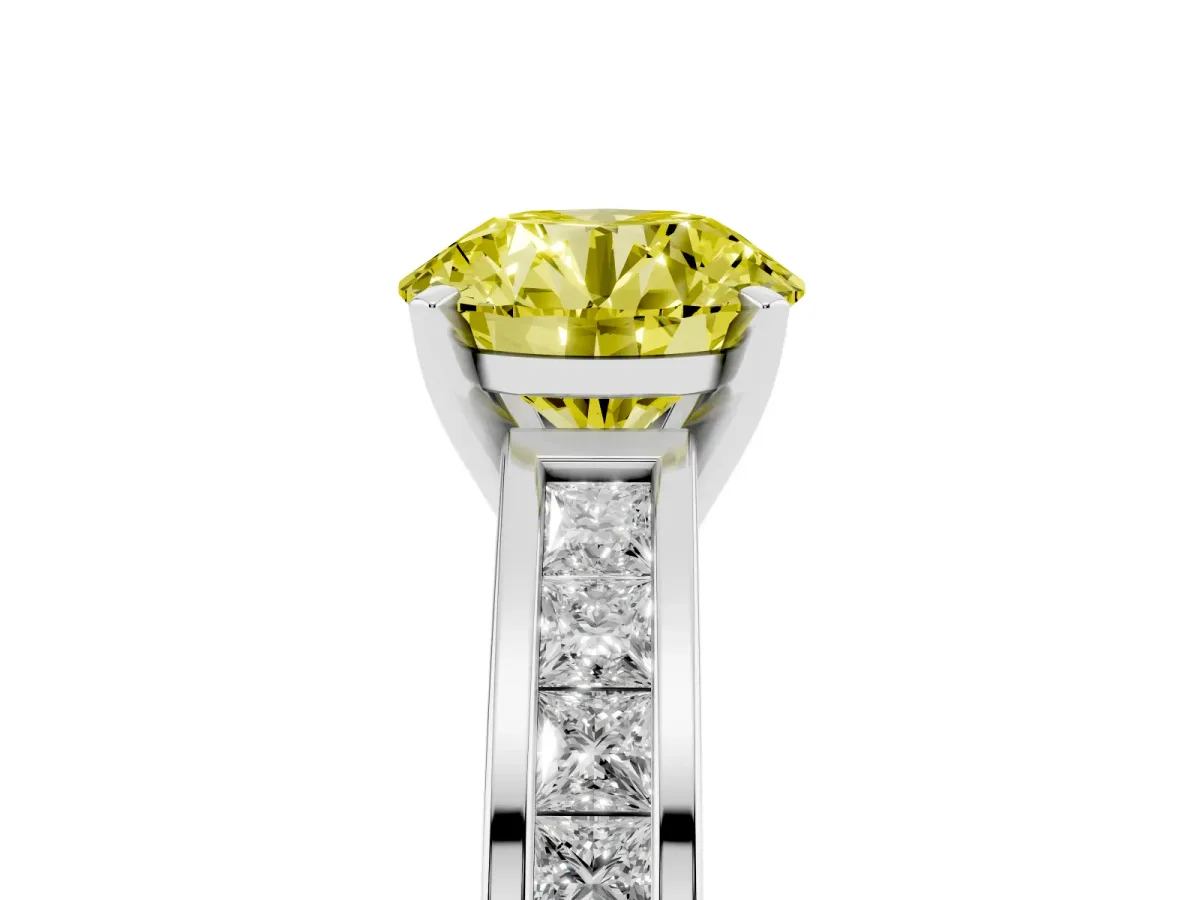 Fancy Yellow Round Cut Solitaire Diamond Ring with Channel-Set Band and Four-Prong Setting Silver