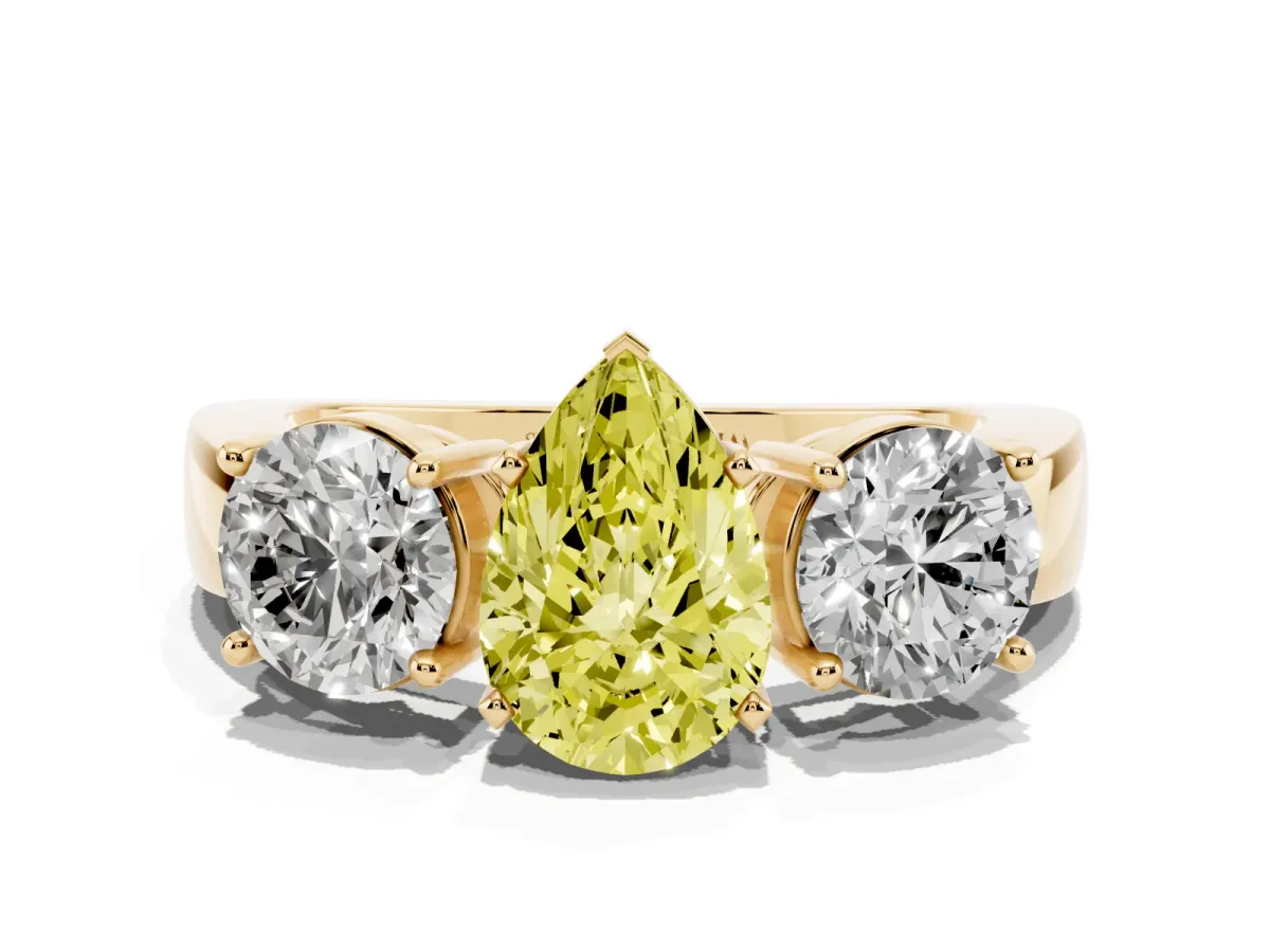 Fancy Yellow Three-Stone Pear Cut Diamond Ring with Round Side Stones, Classic Band, and Four-Prong Setting Yellow gold