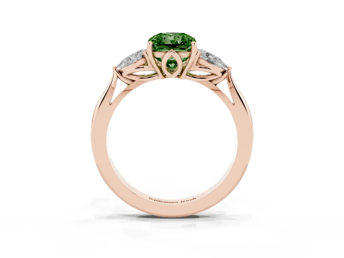 Fancy Green Radiant Cut Diamond Three-Stone Ring with Pear Side Stones and Prong Setting Rose gold