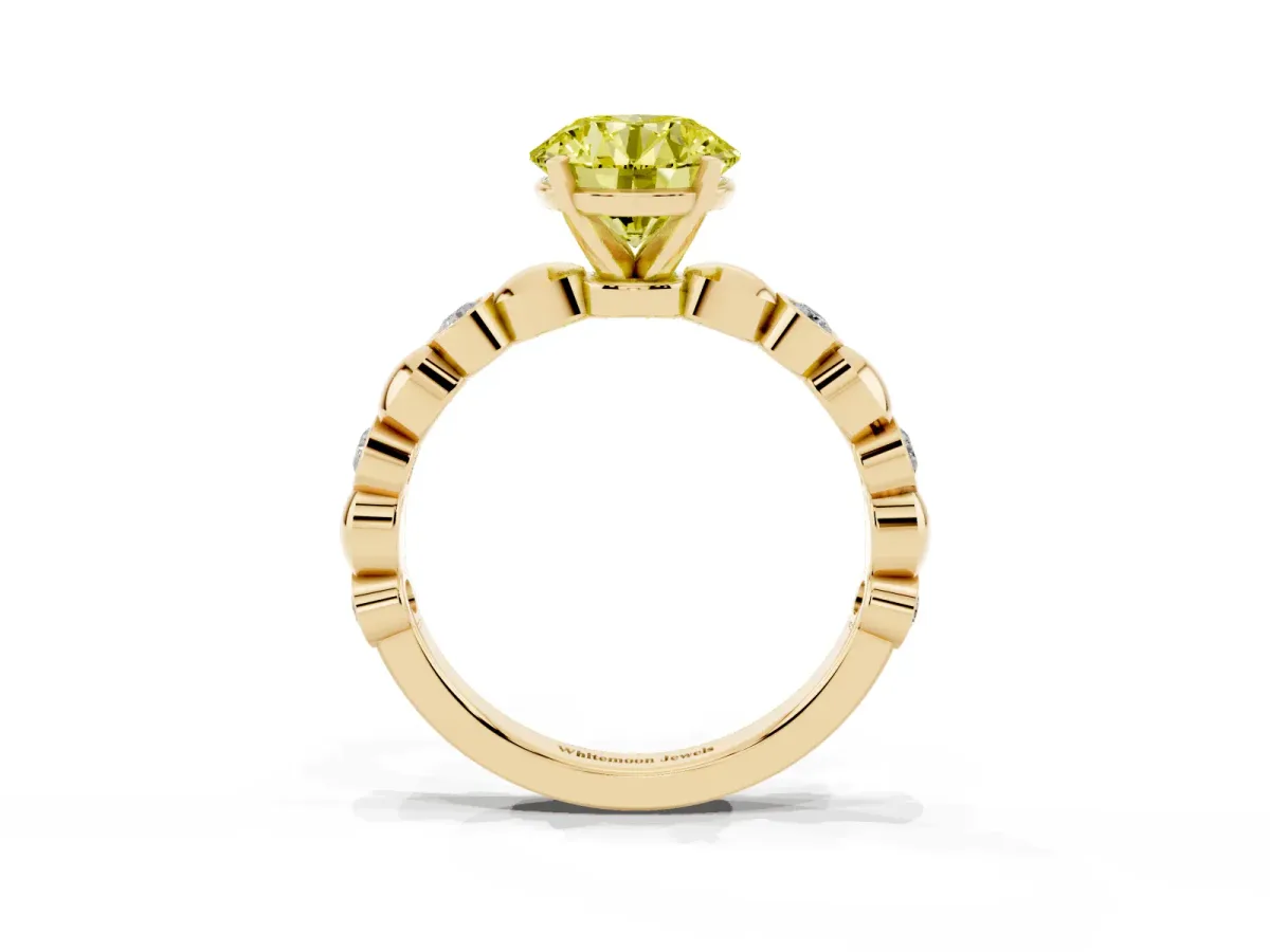 Fancy Yellow Round Cut Solitaire Bezel-Set Diamond Ring with Beaded Band and Four-Prong Setting Yellow gold
