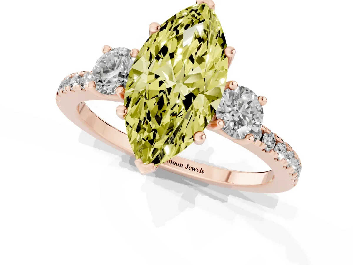 Fancy Yellow Three-Stone Marquise Cut Cut Diamond Pavé Band with Prong Setting Rose gold