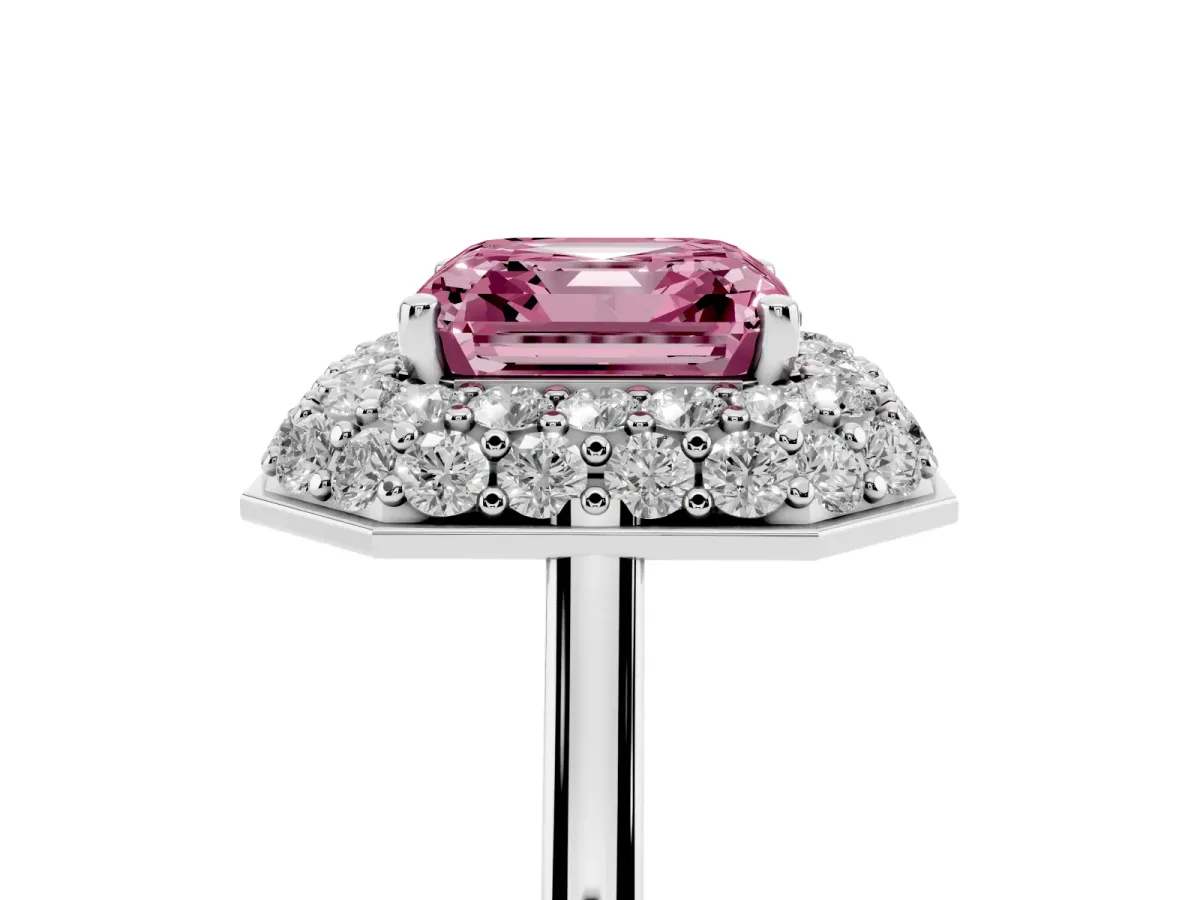 Fancy Pink Asscher Cut Halo Diamond Engagement Ring with Solitaire Band and Four-Prong Setting Silver