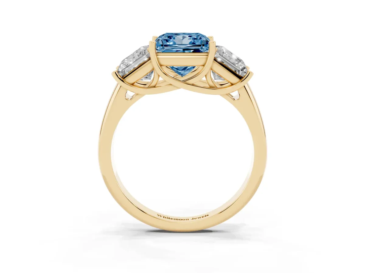 Fancy Blue Three-Stone Princess Cut Diamond Engagement Ring with Prong Setting Yellow gold