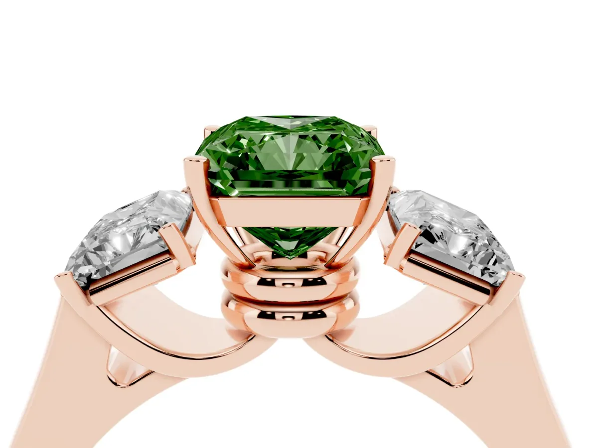 Fancy Green Three-Stone Radiant Cut Brilliant Diamond Trellis Ring with Comfort Fit Band Rose gold