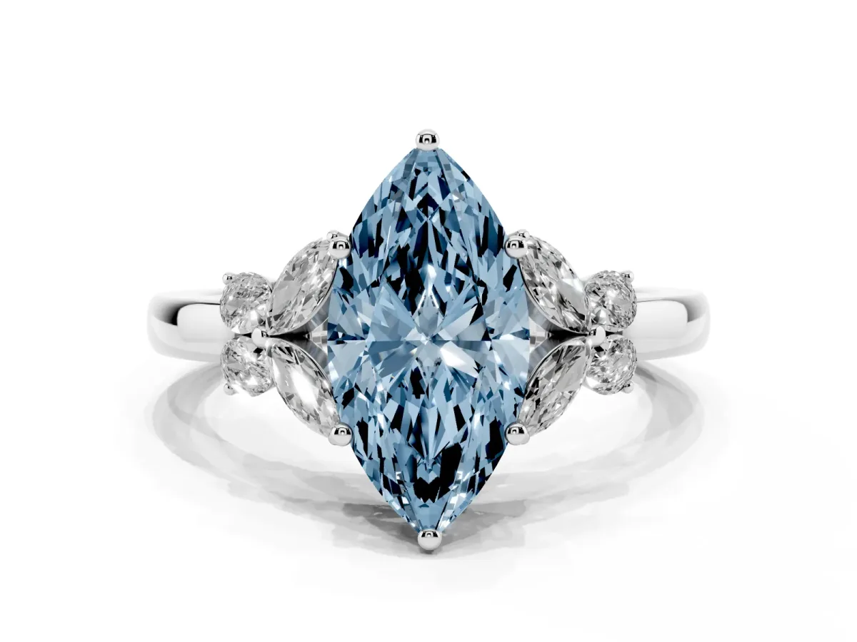 Fancy Blue Marquise Cut Cut Solitaire Floral Diamond Ring with Four-Prong Setting Silver
