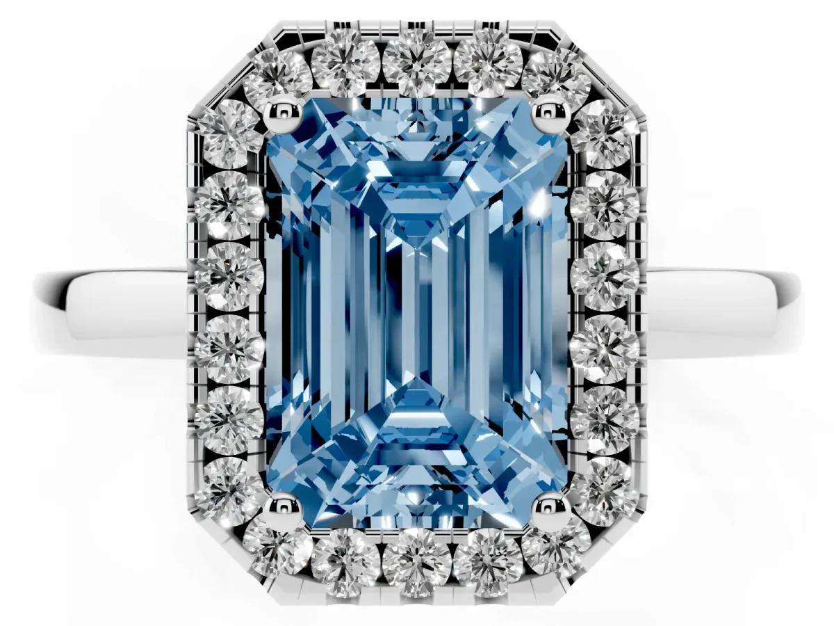 Fancy Blue Emerald Cut Halo Diamond Solitaire with Pavé Band and Four-Prong Setting White gold