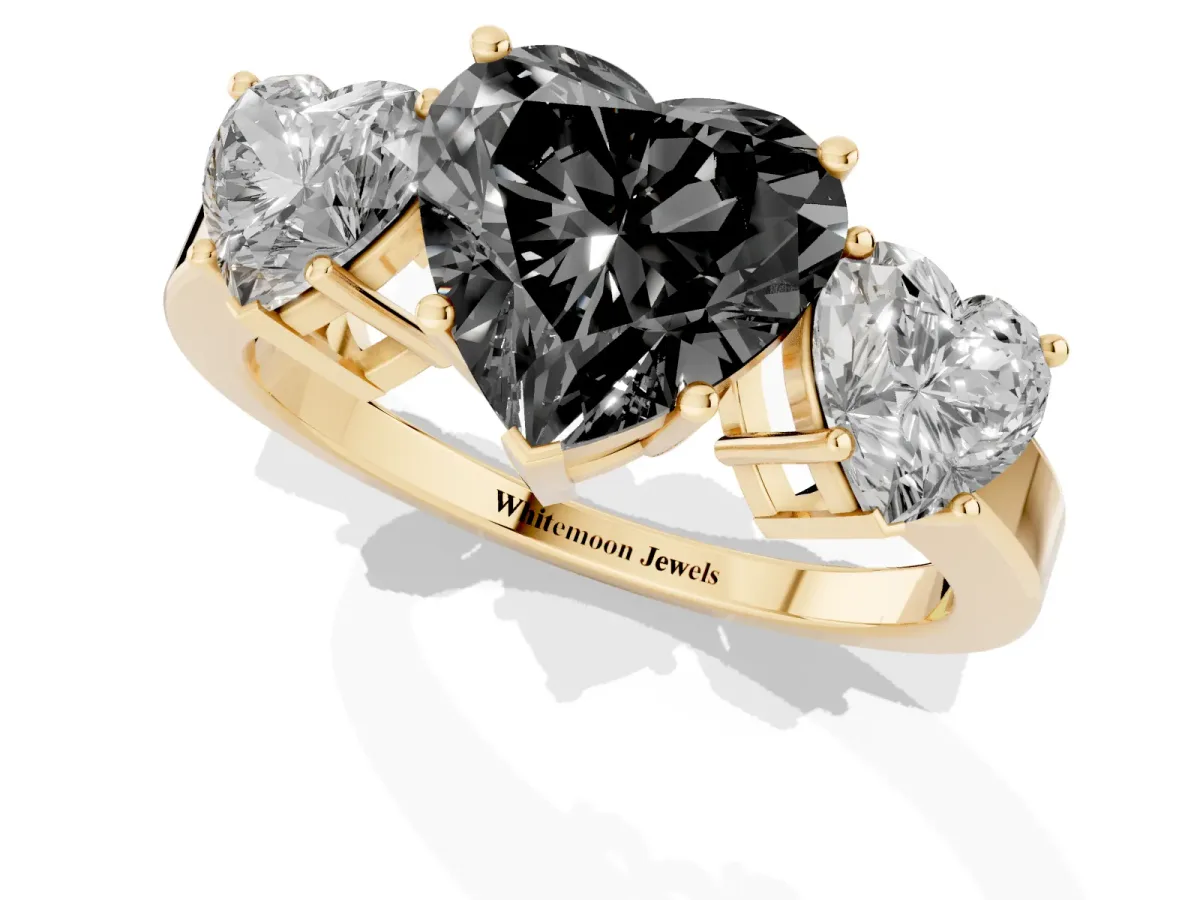 Fancy Black Three-Stone Heart Cut Cut Diamond Engagement Ring with Flat Band and Four-Prong Setting Yellow gold