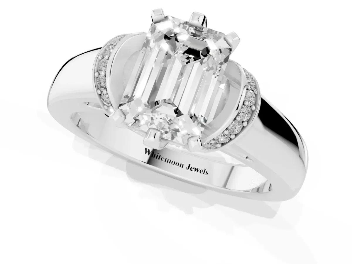 Emerald Cut Solitaire Diamond Ring with Pave Band and Six-Prong Setting Platinum