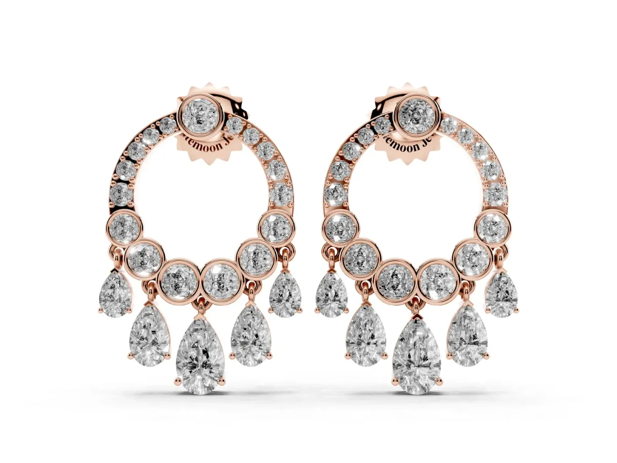 Round and Pear Diamond Dangle Earrings Rose gold