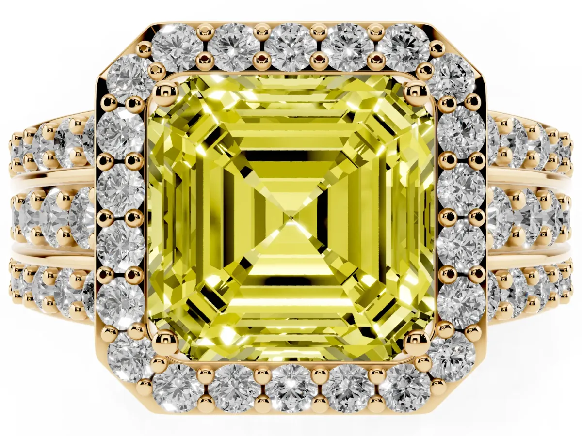 Fancy Yellow Asscher Cut Halo Diamond Ring with Round Split Shank and Prong Setting Yellow gold