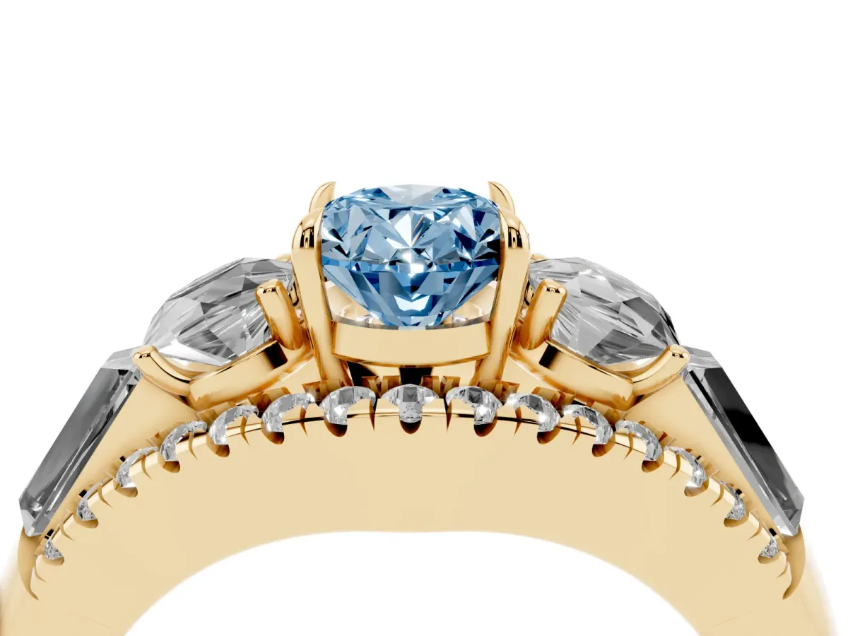Fancy Blue Three-Stone Oval Cut Diamond Engagement Ring with Pave Band and Prong Setting Yellow gold