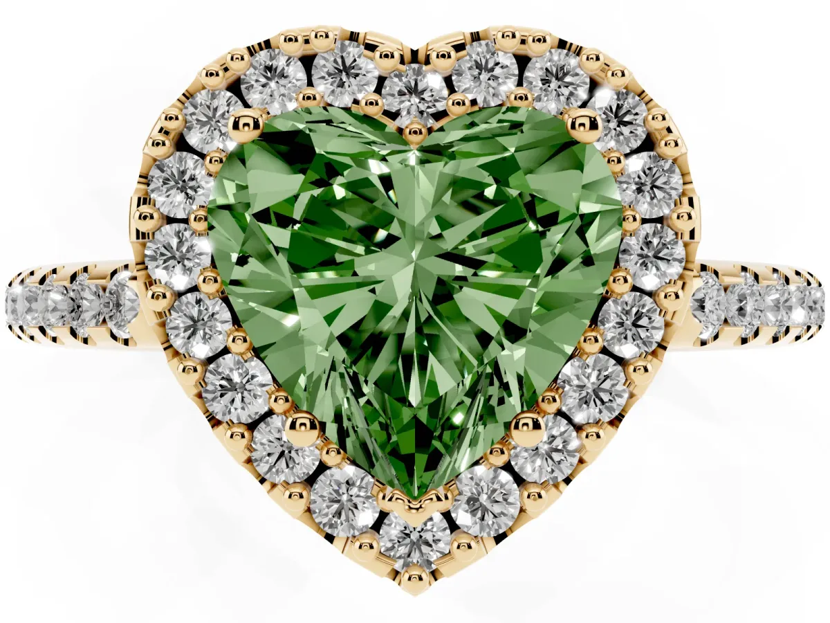 Fancy Green Heart Cut Diamond Pavé Halo Ring with Four-Prong Setting Yellow gold