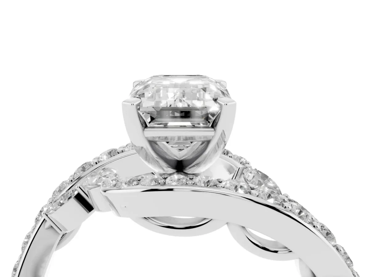 Emerald Cut Solitaire with Pavé Twist Band and Four-Prong Setting Silver