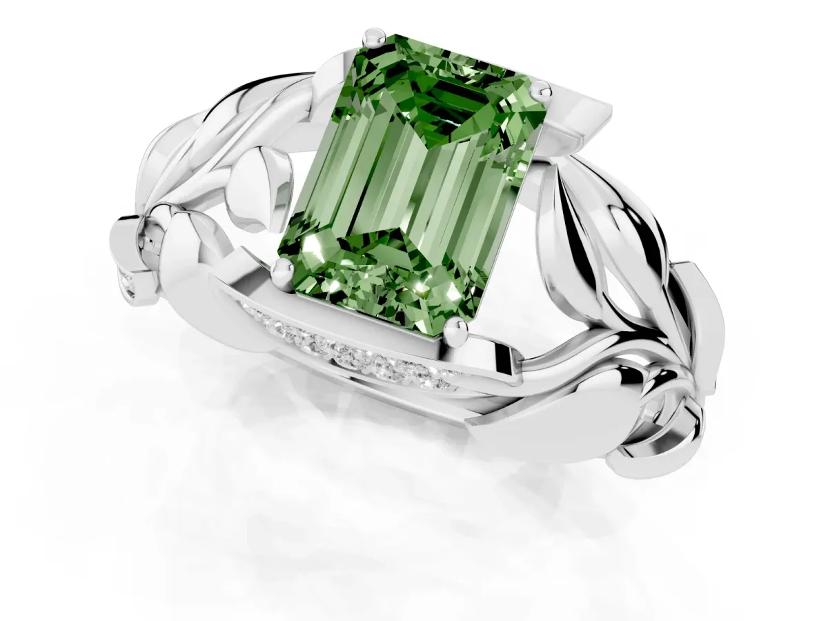 Fancy Green Emerald Cut Diamond Leaf-Inspired Engagement Ring with Round Accents and Prong Setting Silver