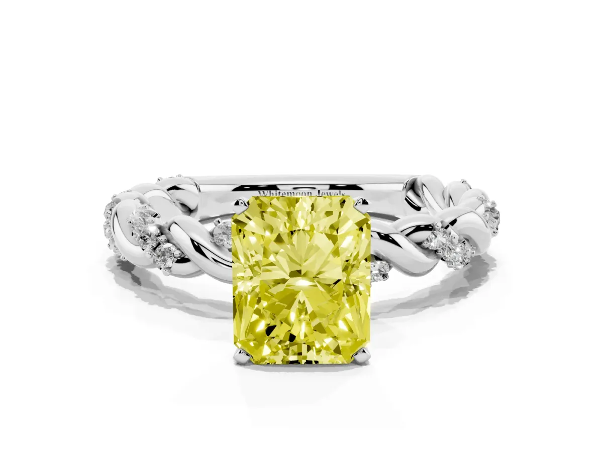Fancy Yellow Radiant Cut Diamond Solitaire Ring with Twisted Band and Pavé Accents Platinum