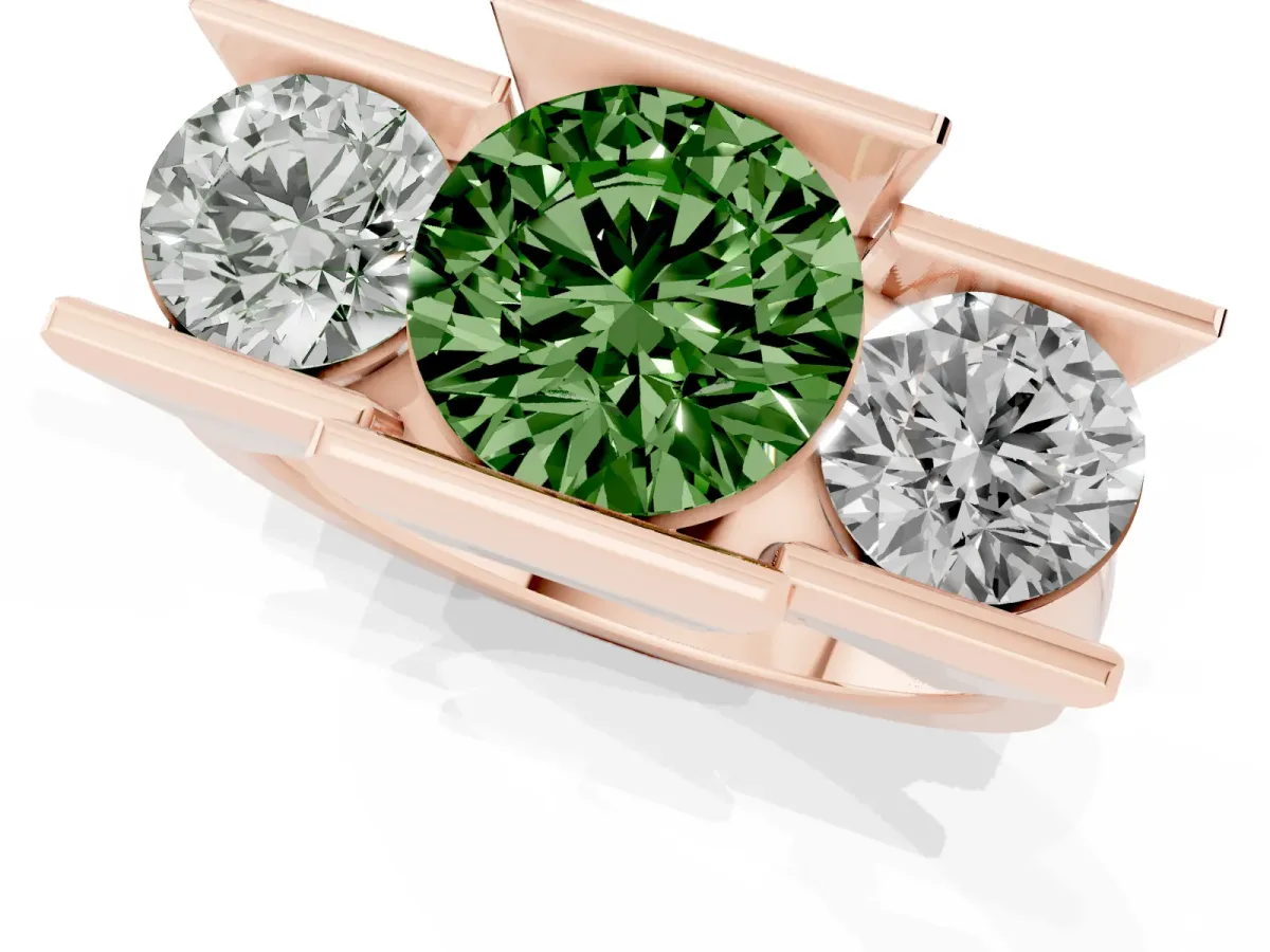 Fancy Green Three Stone Round Cut Cut Channel Set Diamond Ring Rose gold