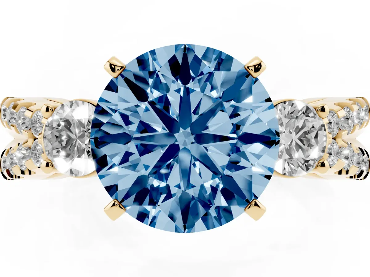Fancy Blue Round Cut Diamond Three-Stone Ring with Pavé Split Shank and Four-Prong Setting Yellow gold