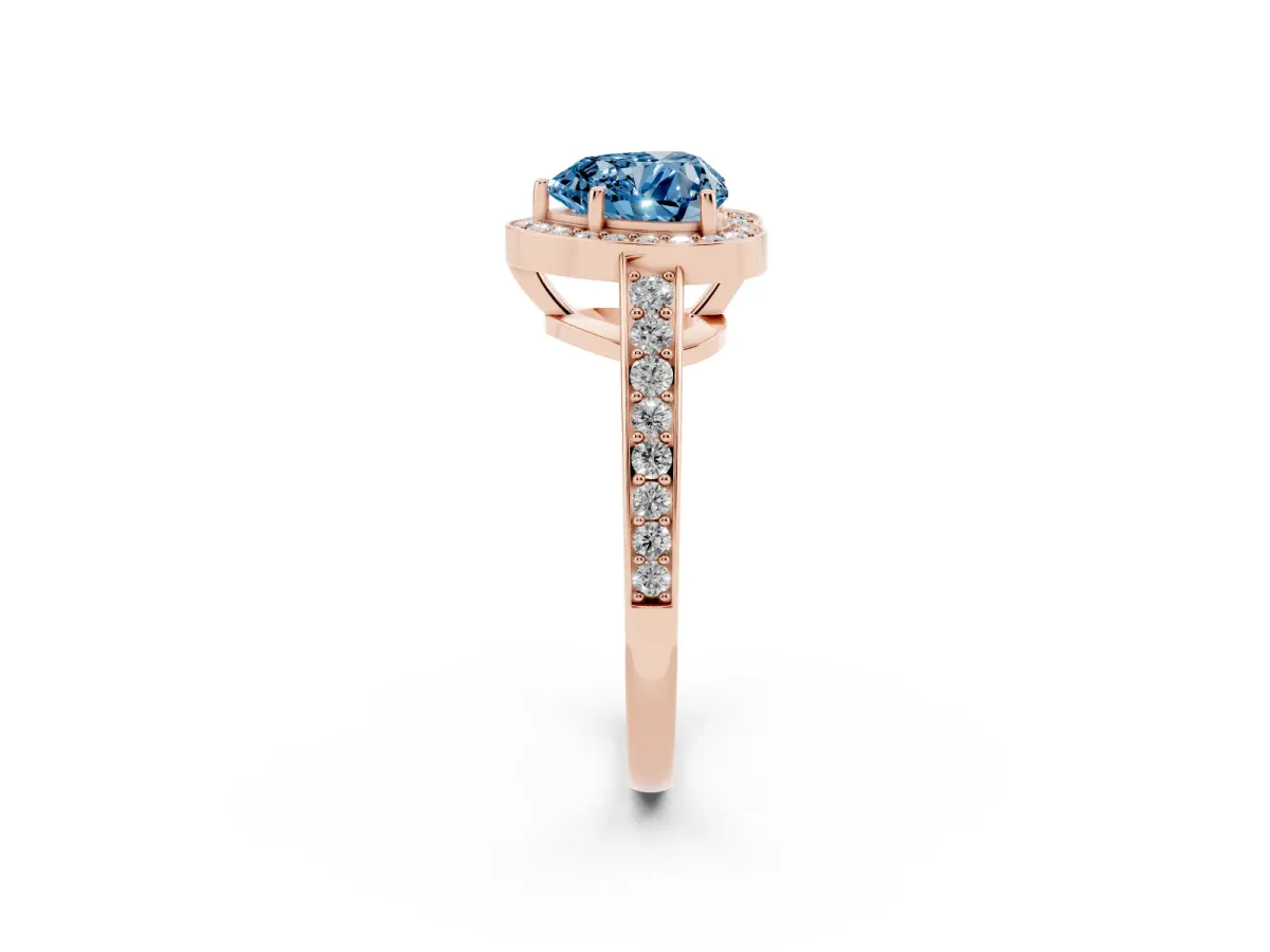 Fancy Blue Heart Cut Halo Pavé Diamond Engagement Ring with Bezel Setting Rose gold