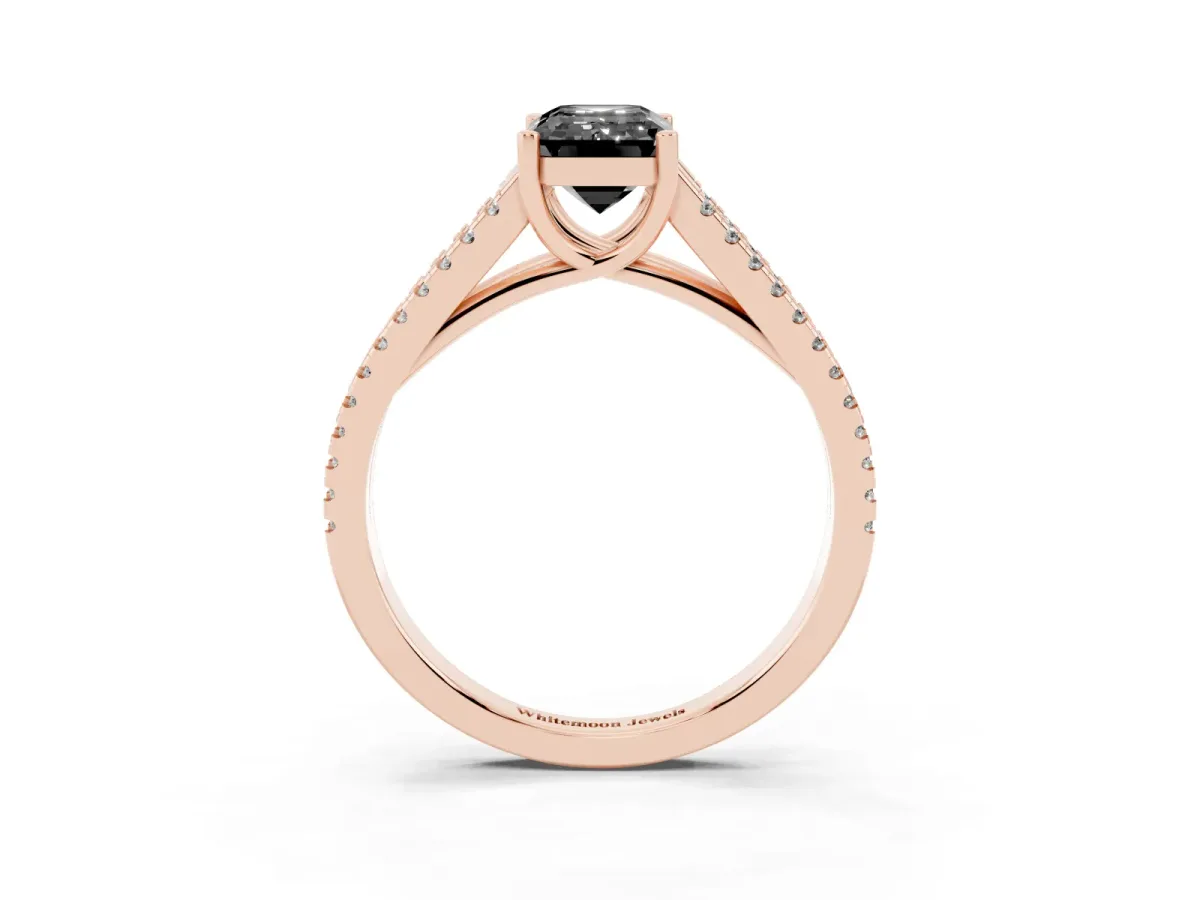 Fancy Black Emerald Cut Diamond Solitaire Engagement Ring with Split Shank Pavé Band Rose gold