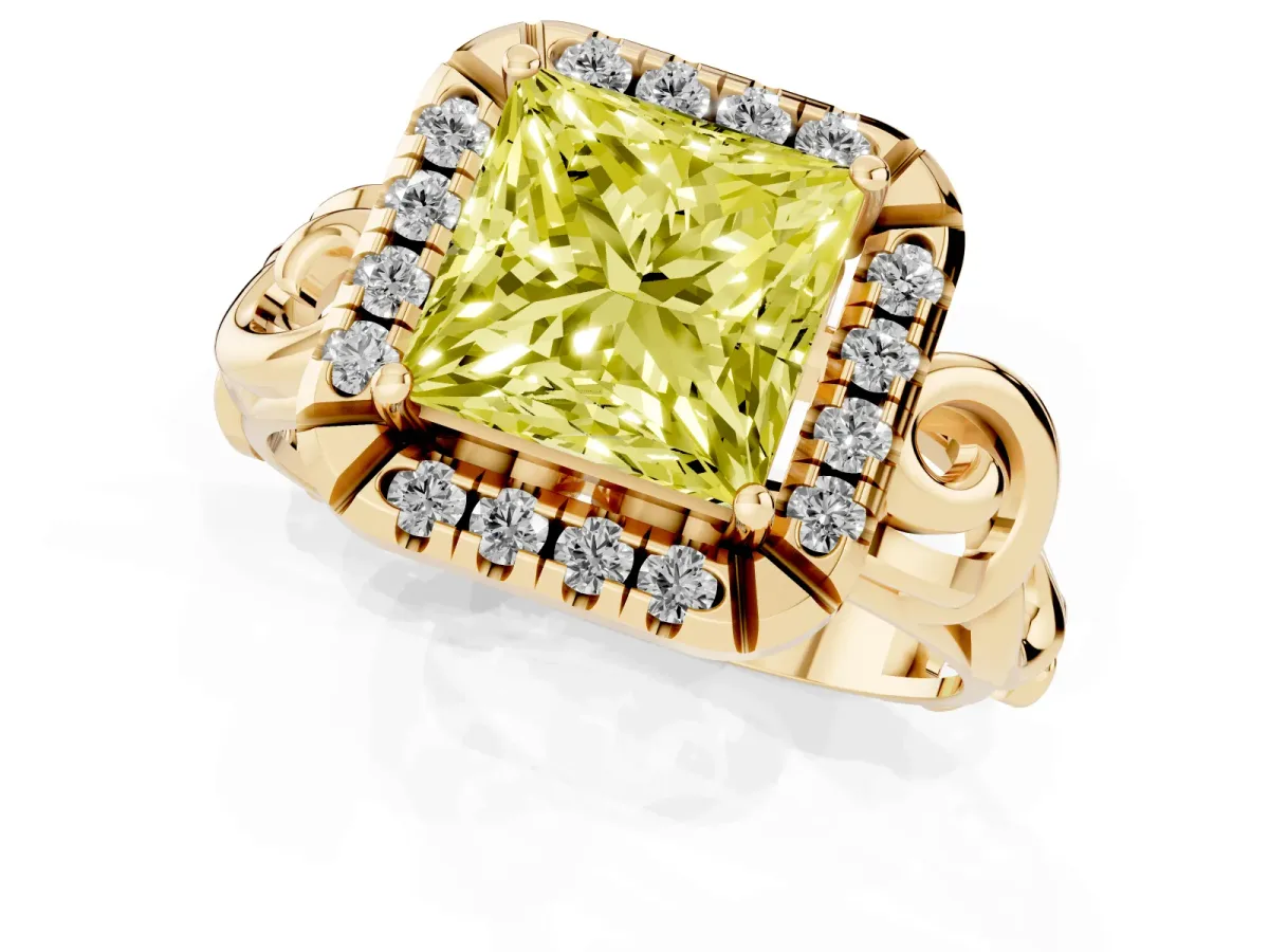 Fancy Yellow Princess Cut Cut Halo Diamond Ring with Scrollwork Band and Four-Prong Setting Yellow gold