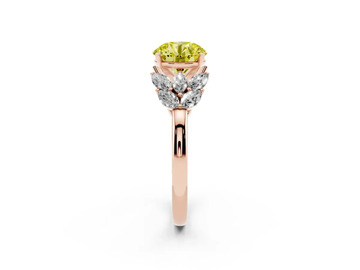 Fancy Yellow Round Cut Diamond Cluster Leaf Design Ring with Prong Setting Rose gold