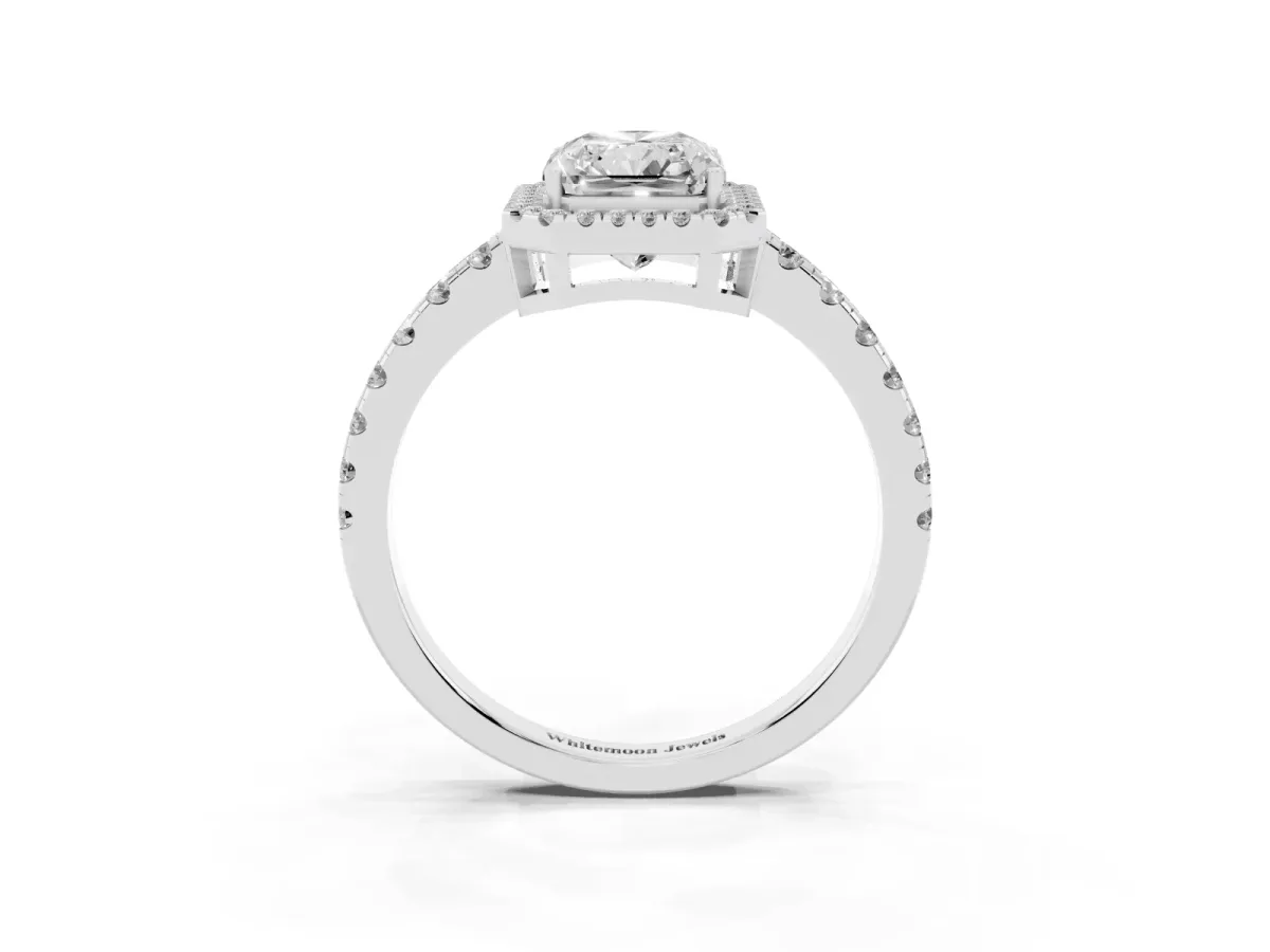 Radiant Cut Diamond Halo Ring with Pavé Band and Four-Prong Setting White gold