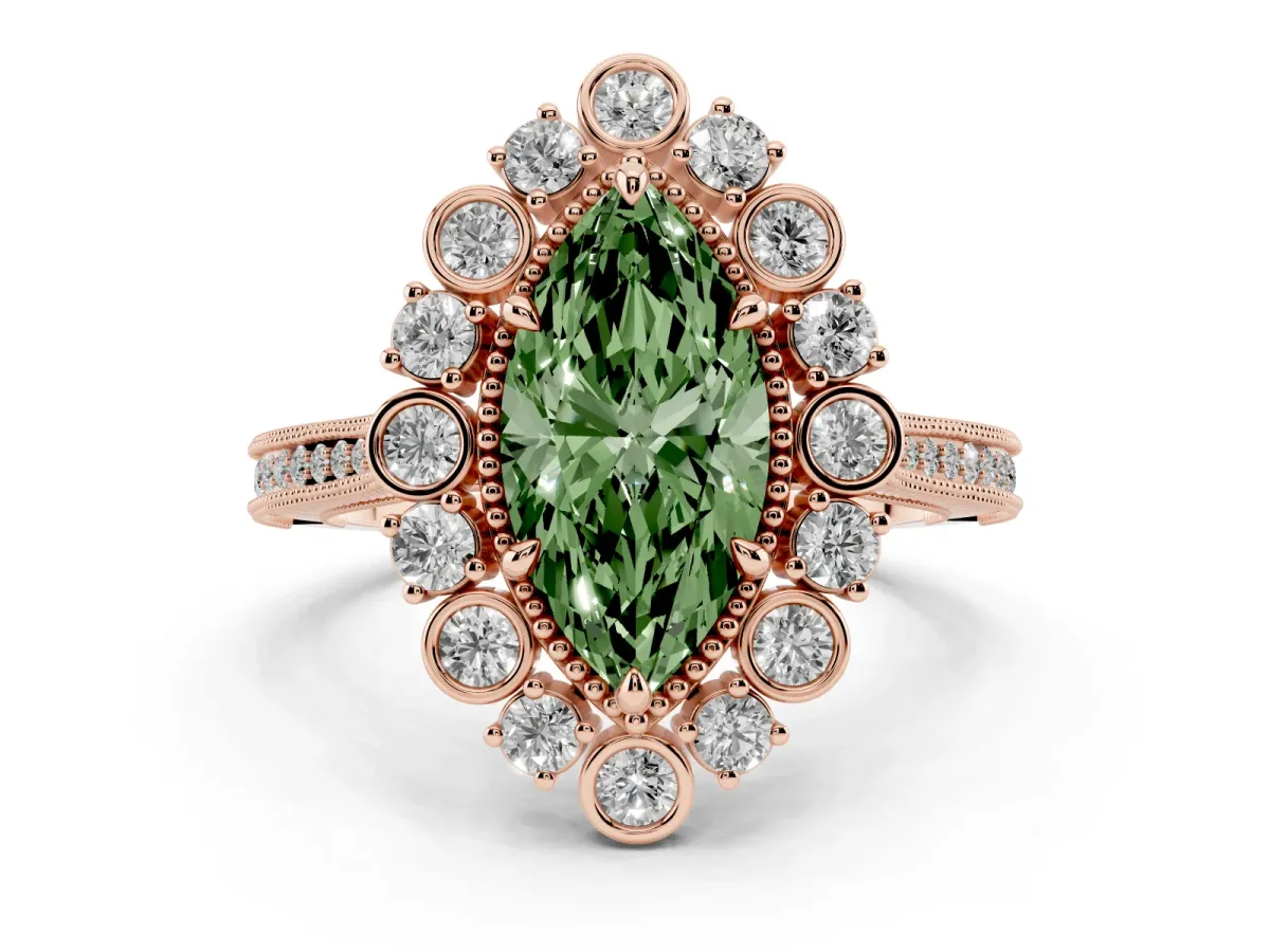 Fancy Green Marquise Cut Halo Milgrain Pave Diamond Ring with Four-Prong Setting Rose gold
