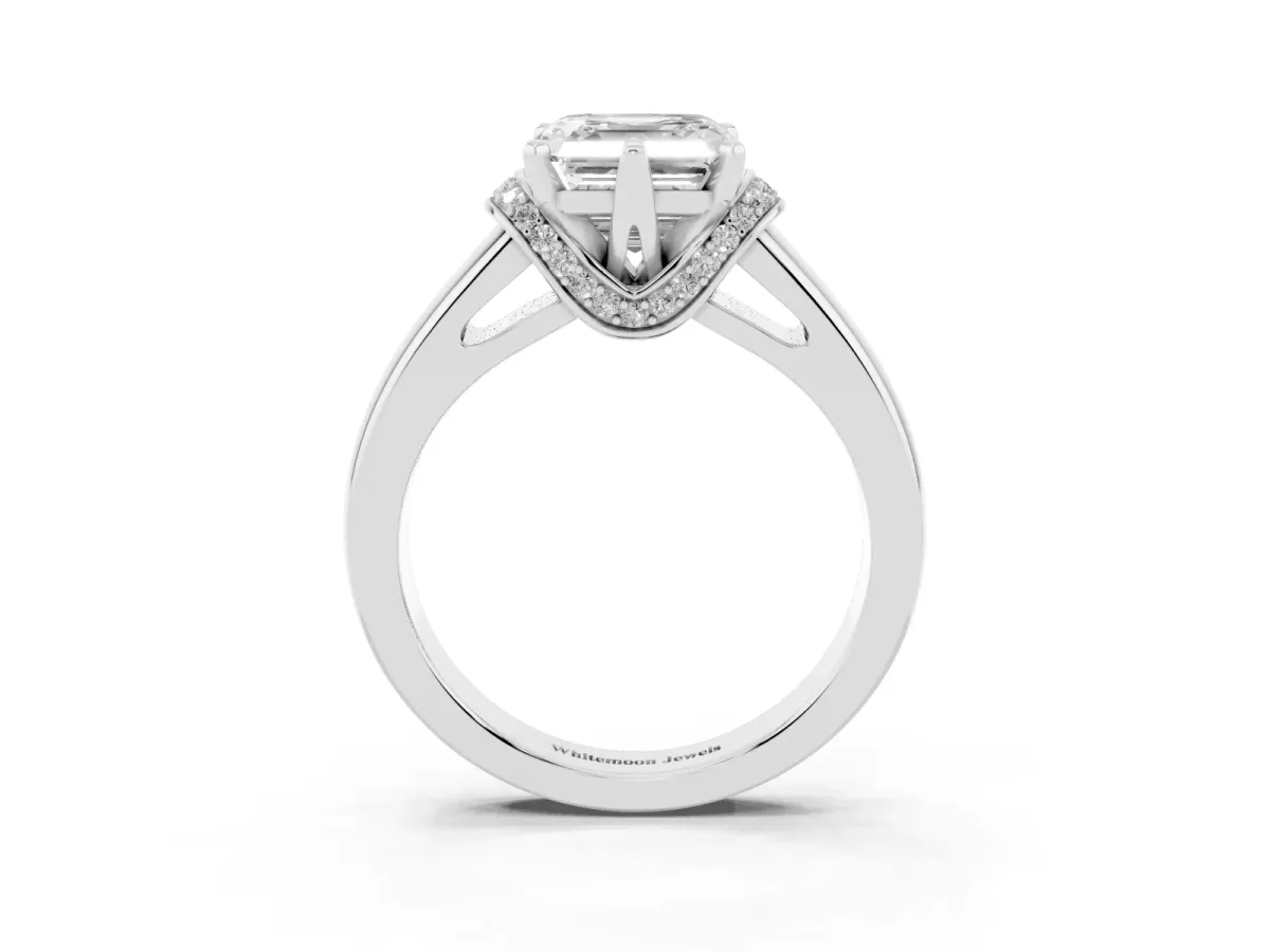 Asscher Cut Solitaire Diamond Ring with Pave Band and Six-Prong Setting Silver
