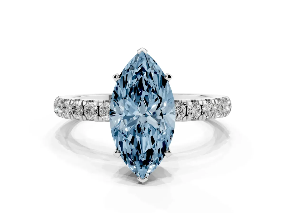 Fancy Blue Marquise Cut Diamond Solitaire Ring with Pavé Accents and Four-Prong Setting Silver