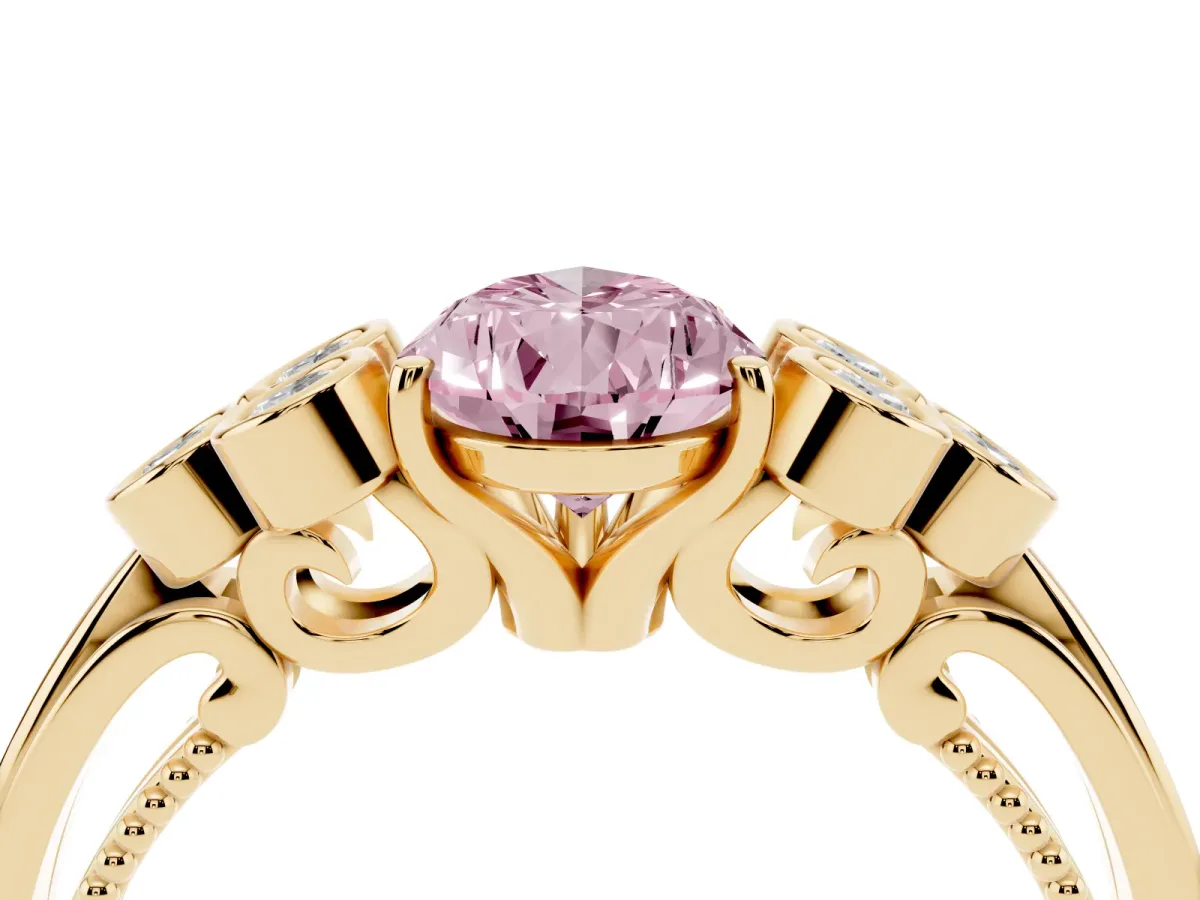 Fancy Pink Pear Cut Cut Diamond Engagement Ring with Bezel Set Round Side Stones and Prong Setting Yellow gold