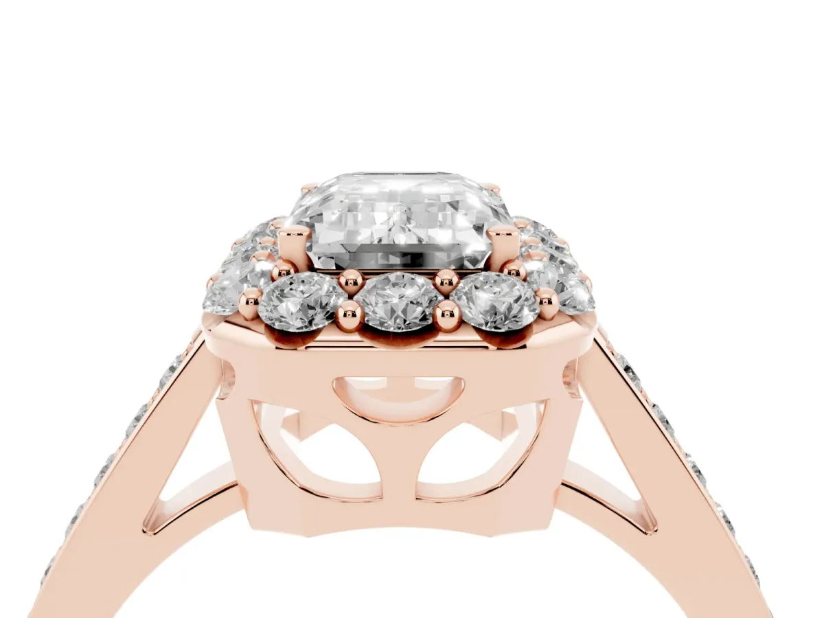 Emerald Cut Diamond Floral Halo Ring with Pavé Band and Prong Setting Rose gold