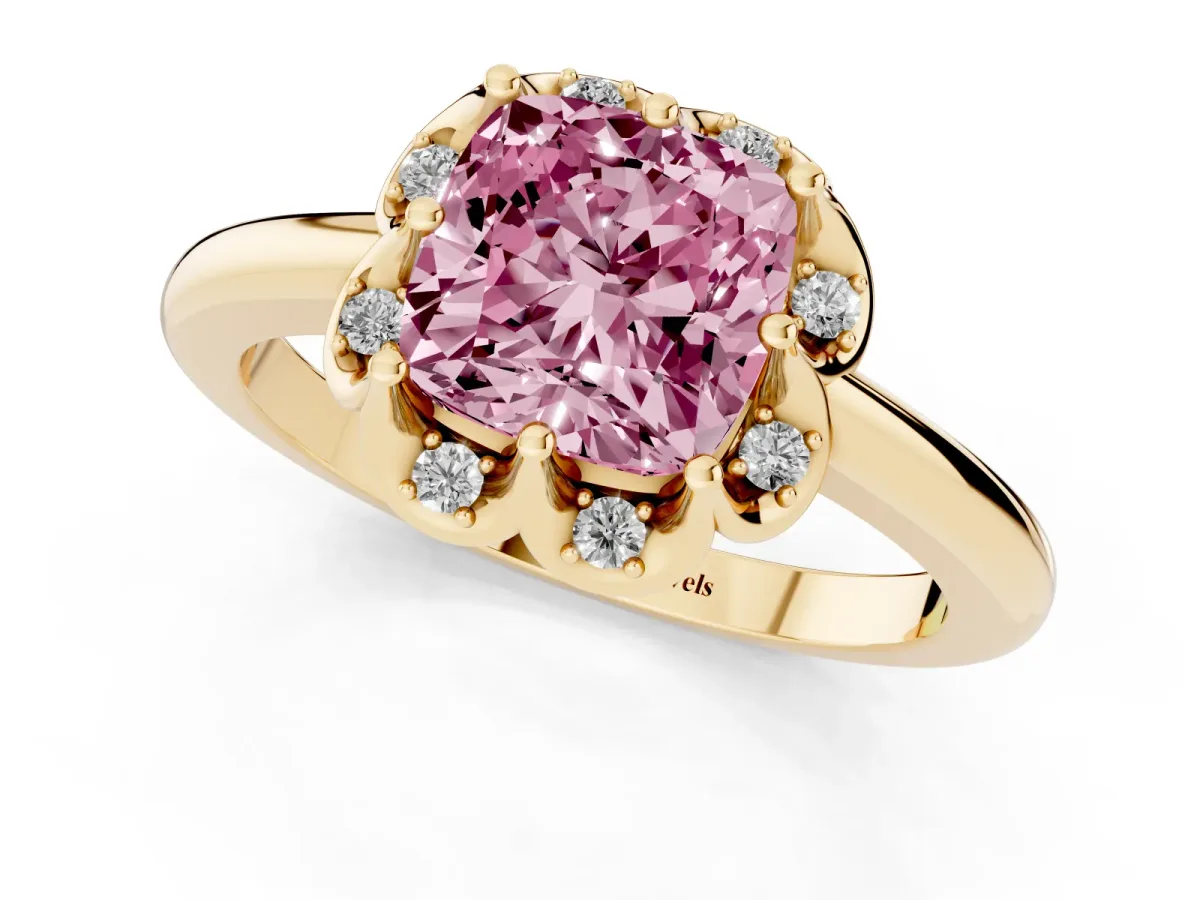 Fancy Pink Cushion Cut Halo Diamond Ring with Round Cluster Setting, Solitaire Band, and Four-Prong Setting Yellow gold