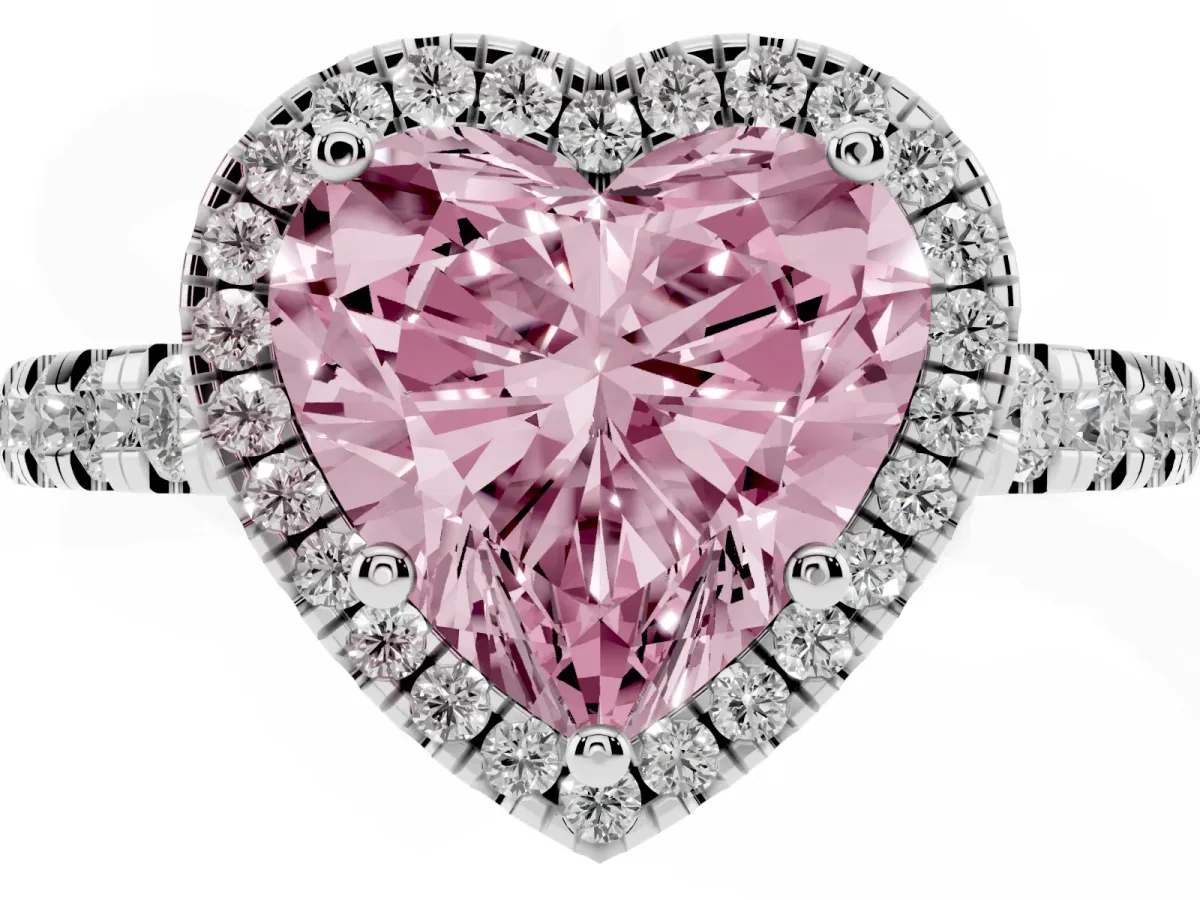 Fancy Pink Heart Cut Diamond Halo Ring with Pavé Band and Four-Prong Setting White gold
