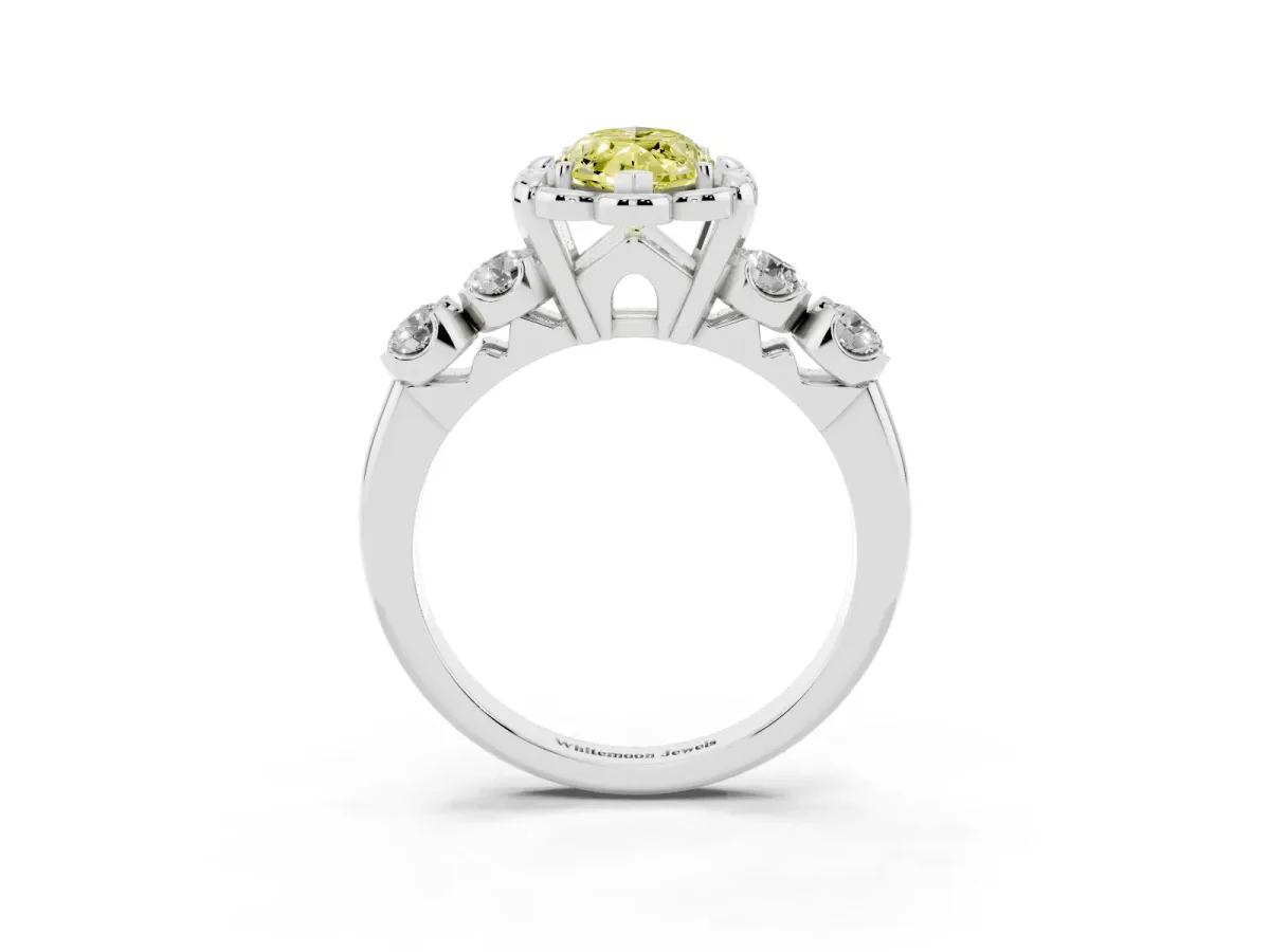 Fancy Yellow Marquise Cut Cut Diamond Floral Halo Engagement Ring with Shared Prong Setting White gold