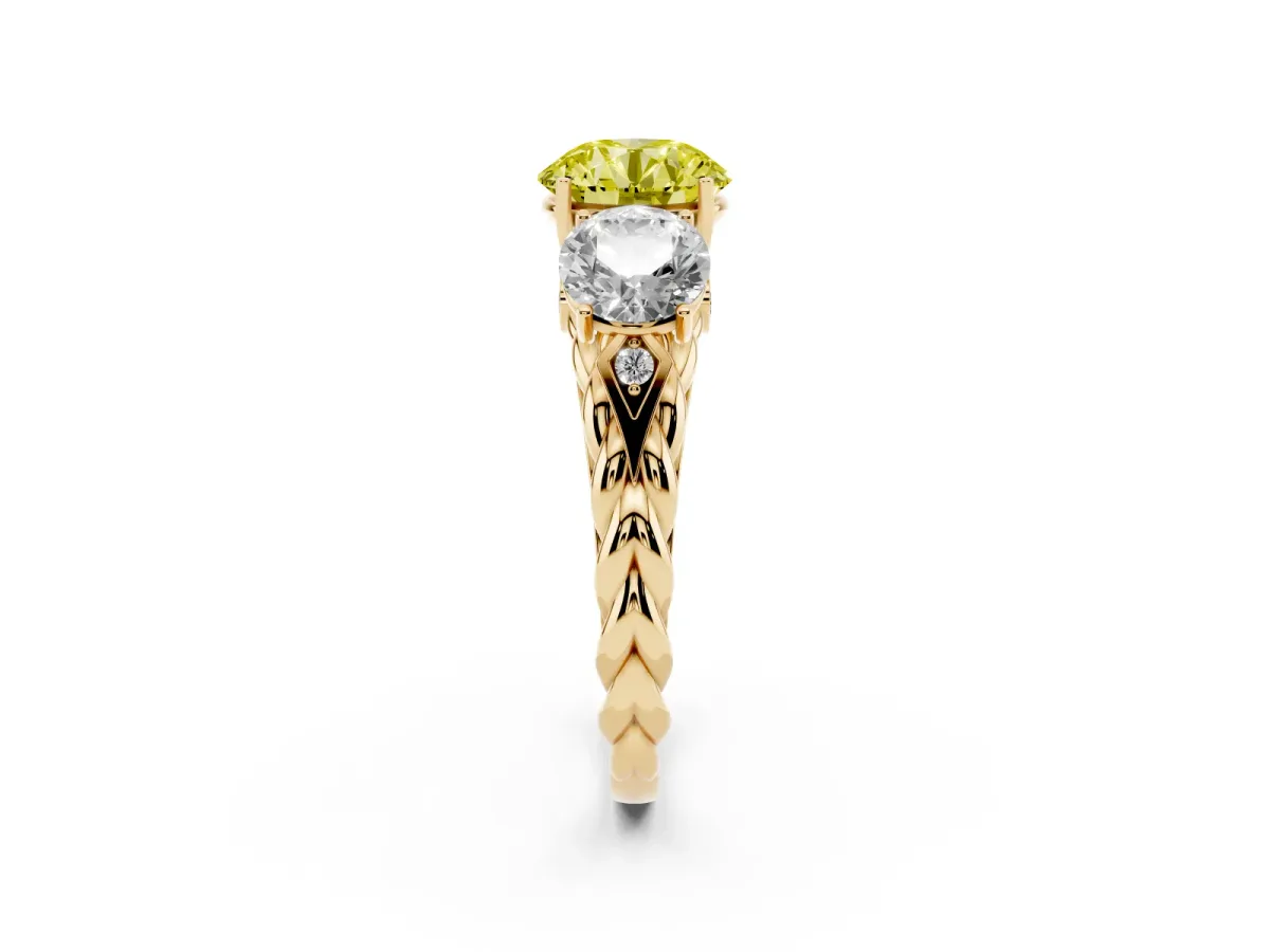 Fancy Yellow Three-Stone Round Cut Diamond Braided Band Ring with Four-Prong Setting Yellow gold