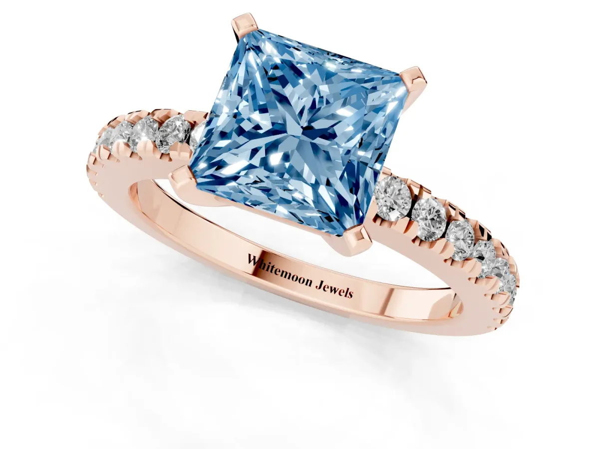 Fancy Blue Princess Cut Solitaire Diamond with Pavé Band and Four-Prong Setting Rose gold